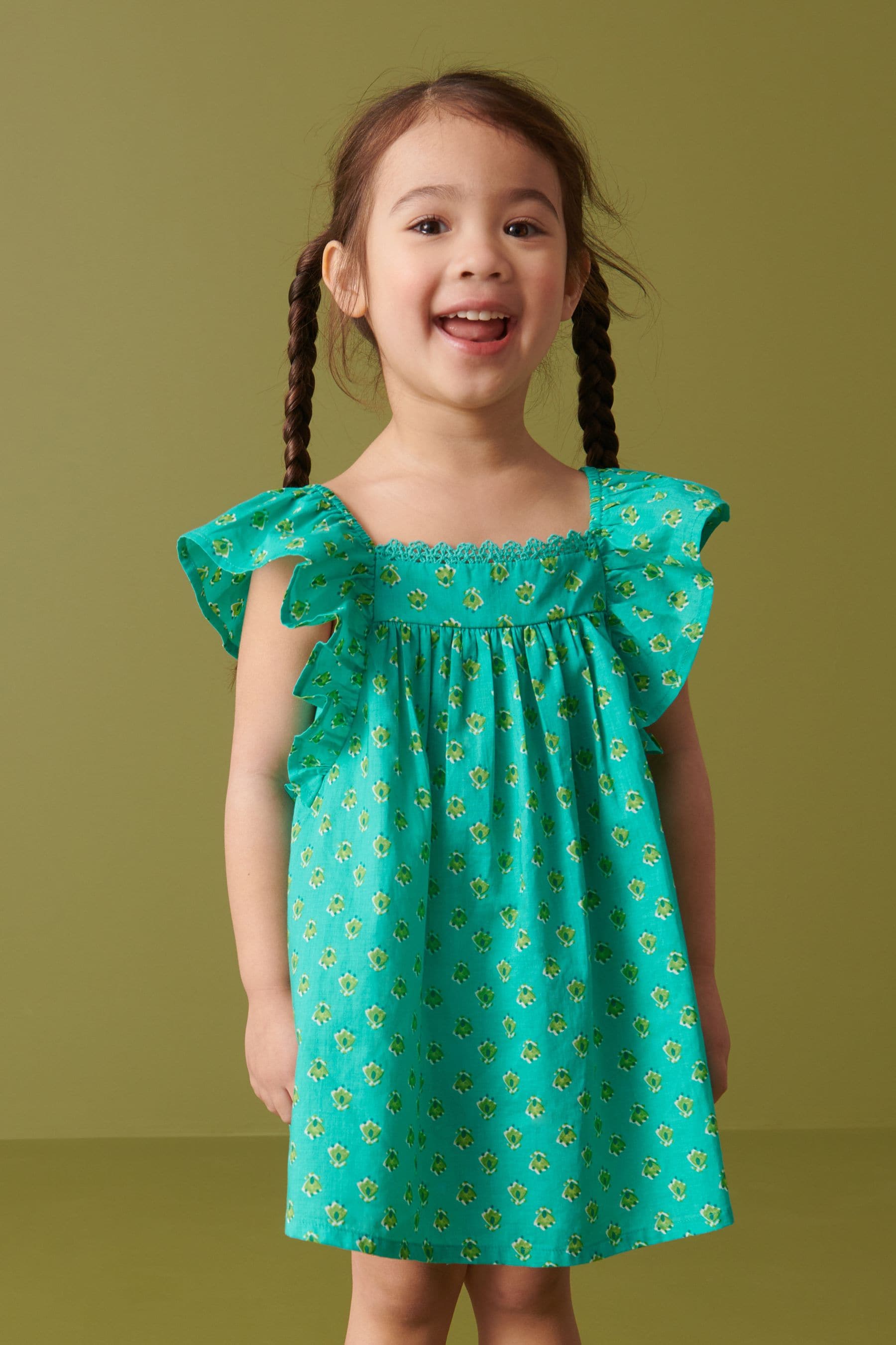 Green Printed Cotton Frill Dress (3mths-8yrs)