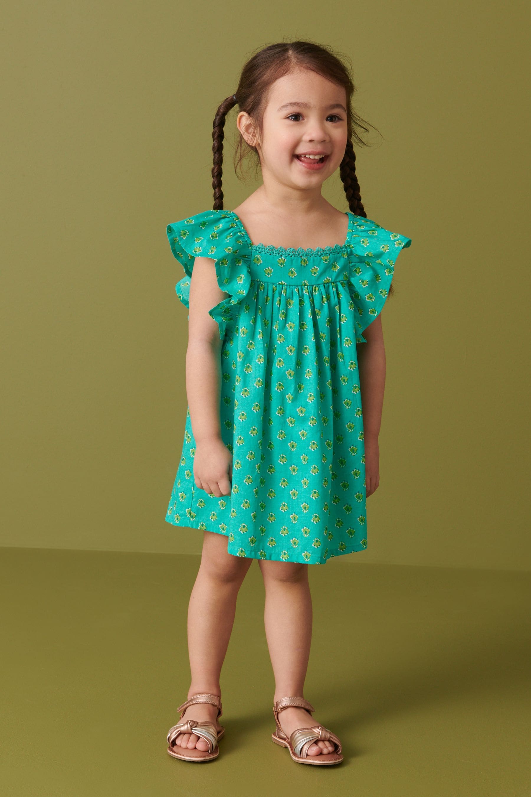 Green Printed Cotton Frill Dress (3mths-8yrs)