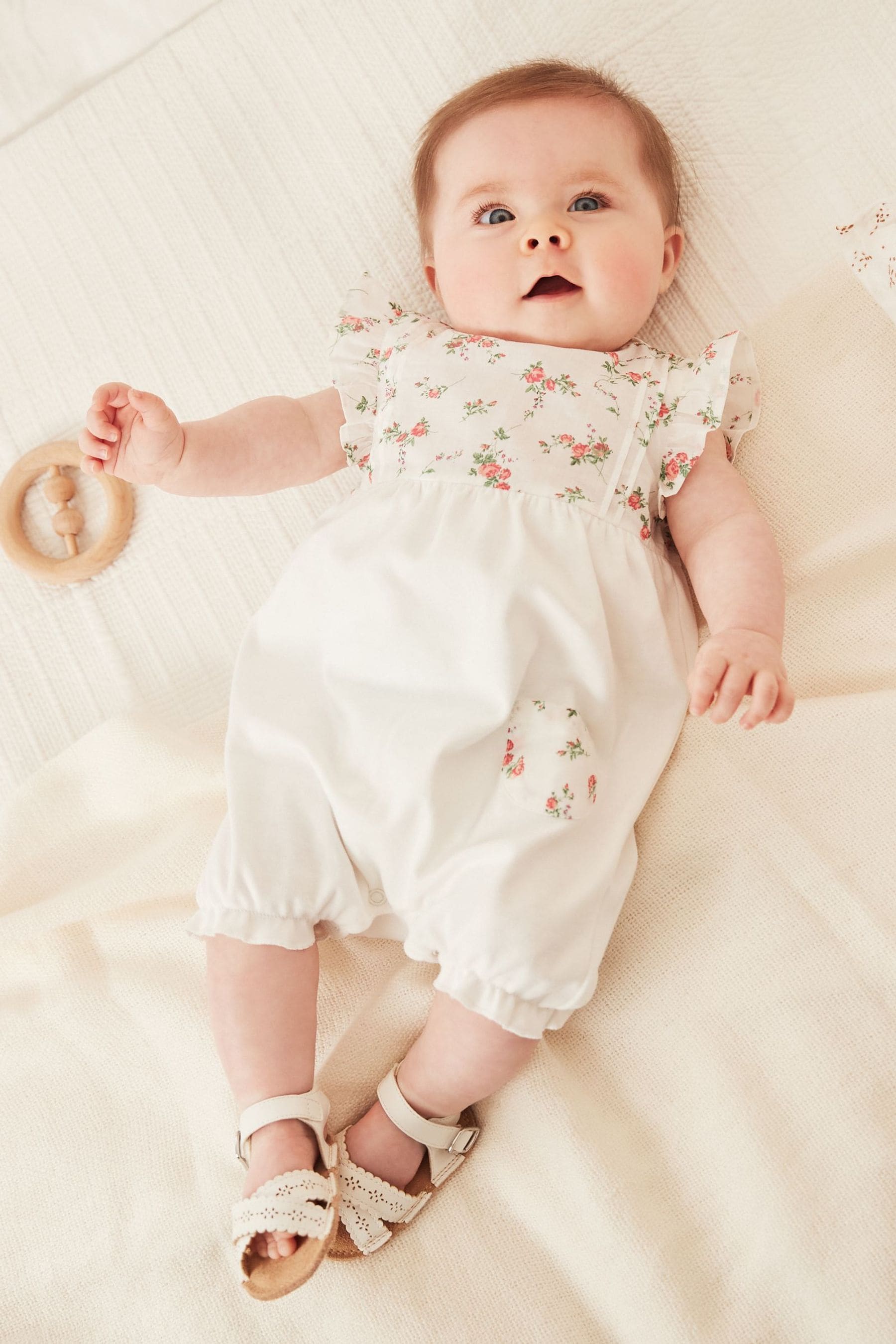 Ecru Cream Floral Jersey Baby Playsuit