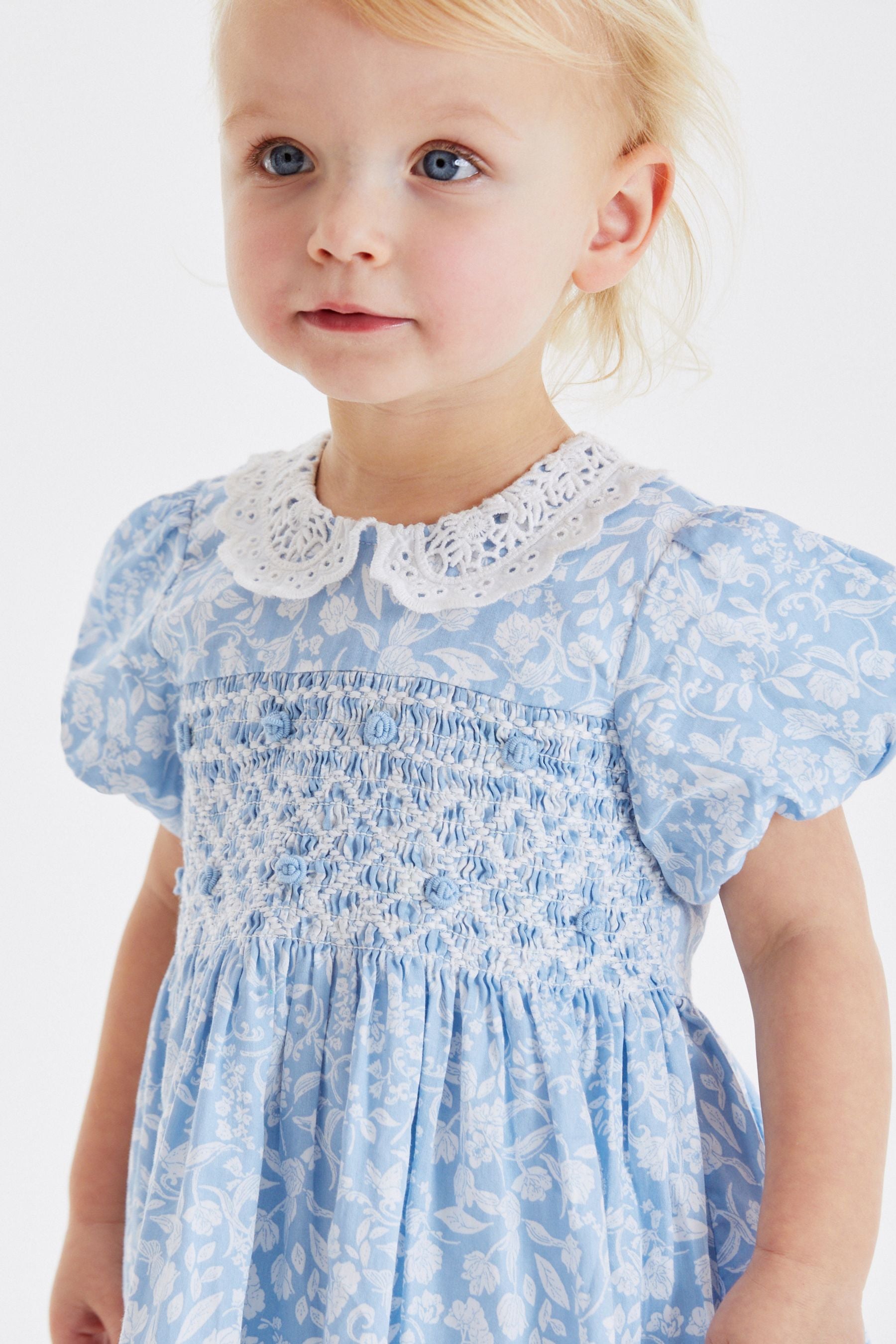 Pale Blue Printed Lace Collar Shirred Cotton Dress (3mths-7yrs)