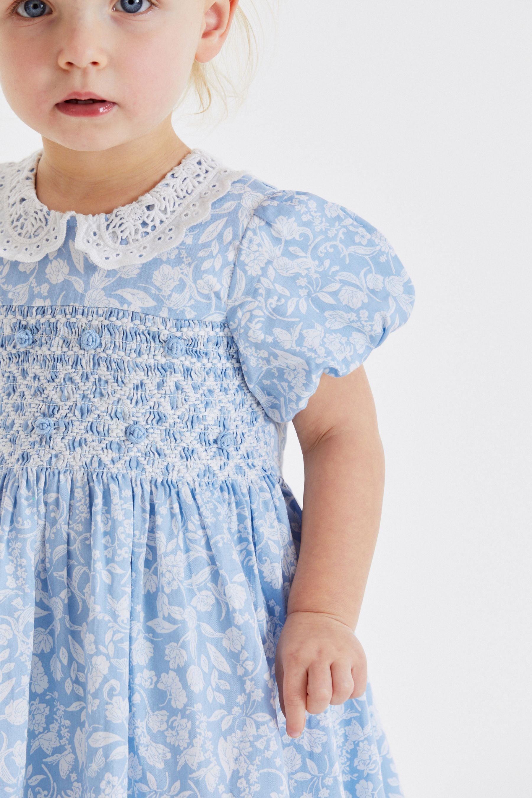 Pale Blue Printed Lace Collar Shirred Cotton Dress (3mths-7yrs)