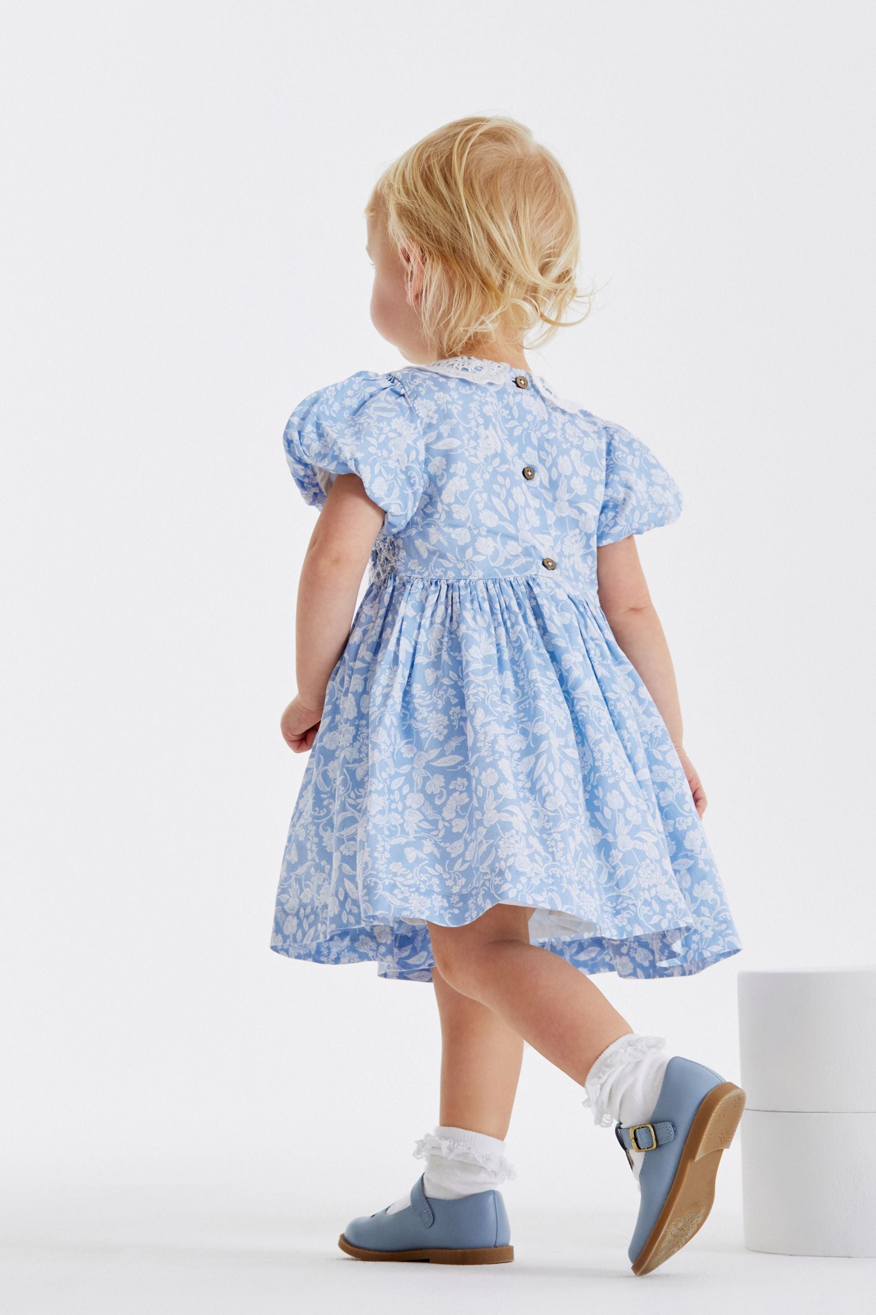 Pale Blue Printed Lace Collar Shirred Cotton Dress (3mths-7yrs)