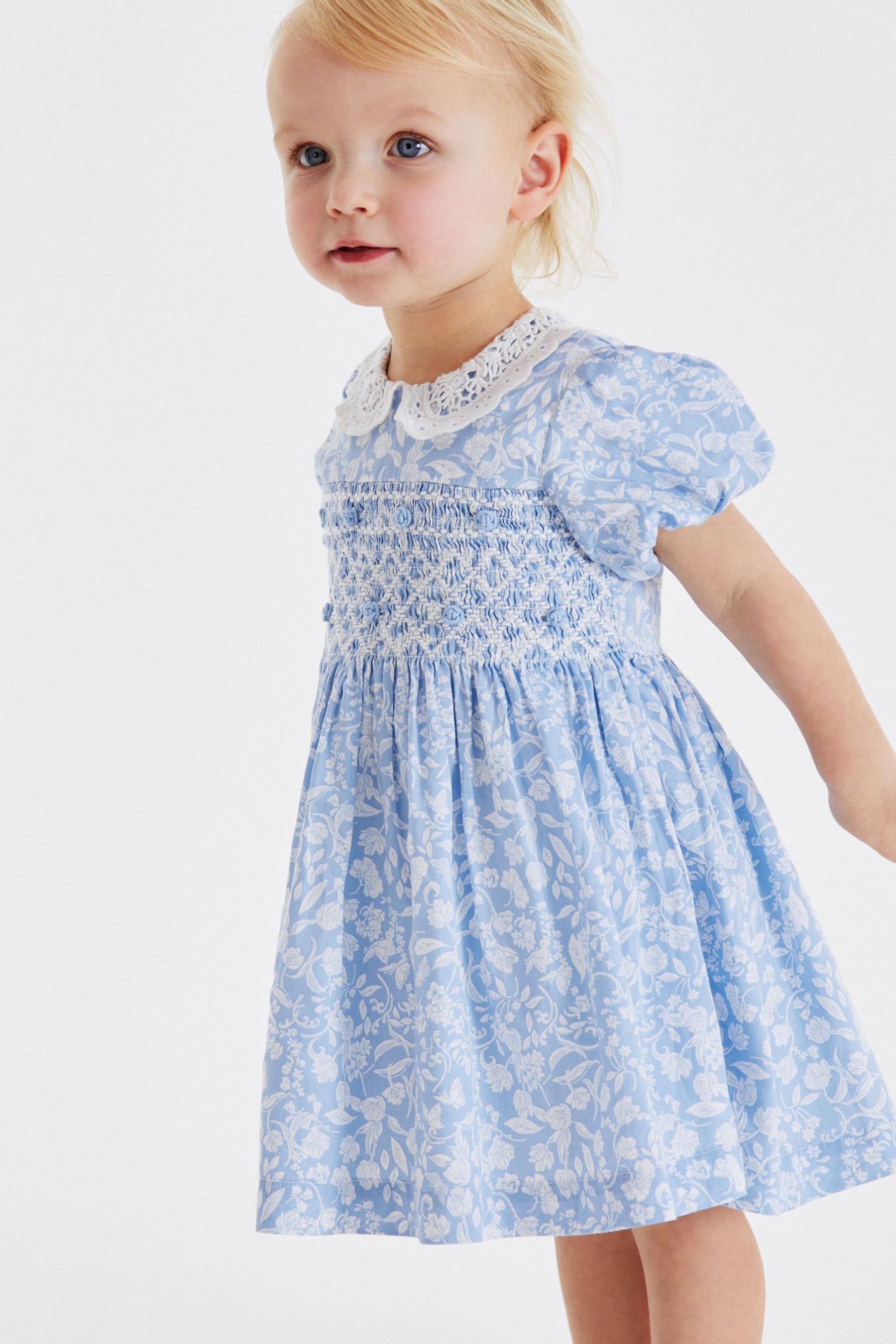 Pale Blue Printed Lace Collar Shirred Cotton Dress (3mths-7yrs)