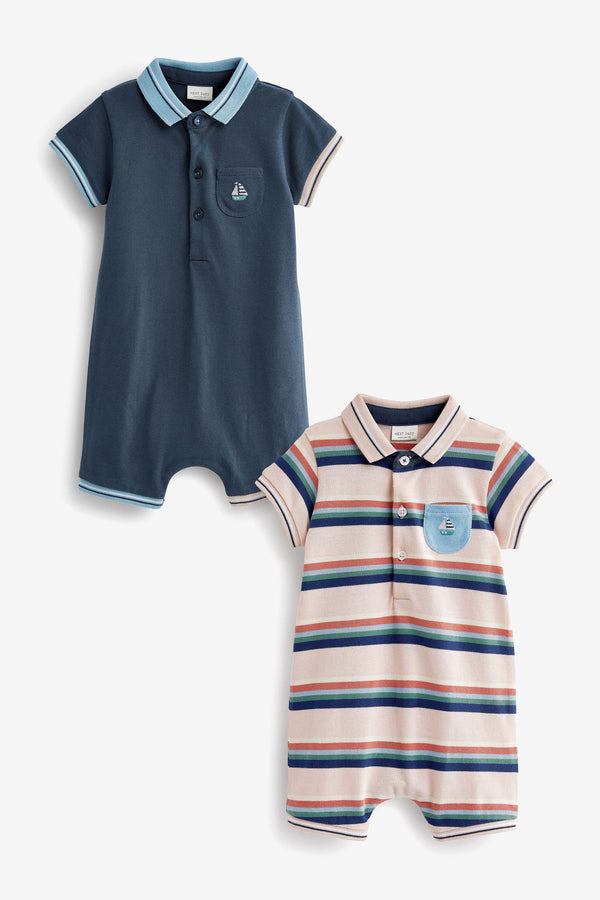 Navy Blue/Pink Stripe Baby Polo Rompers 2 Pack