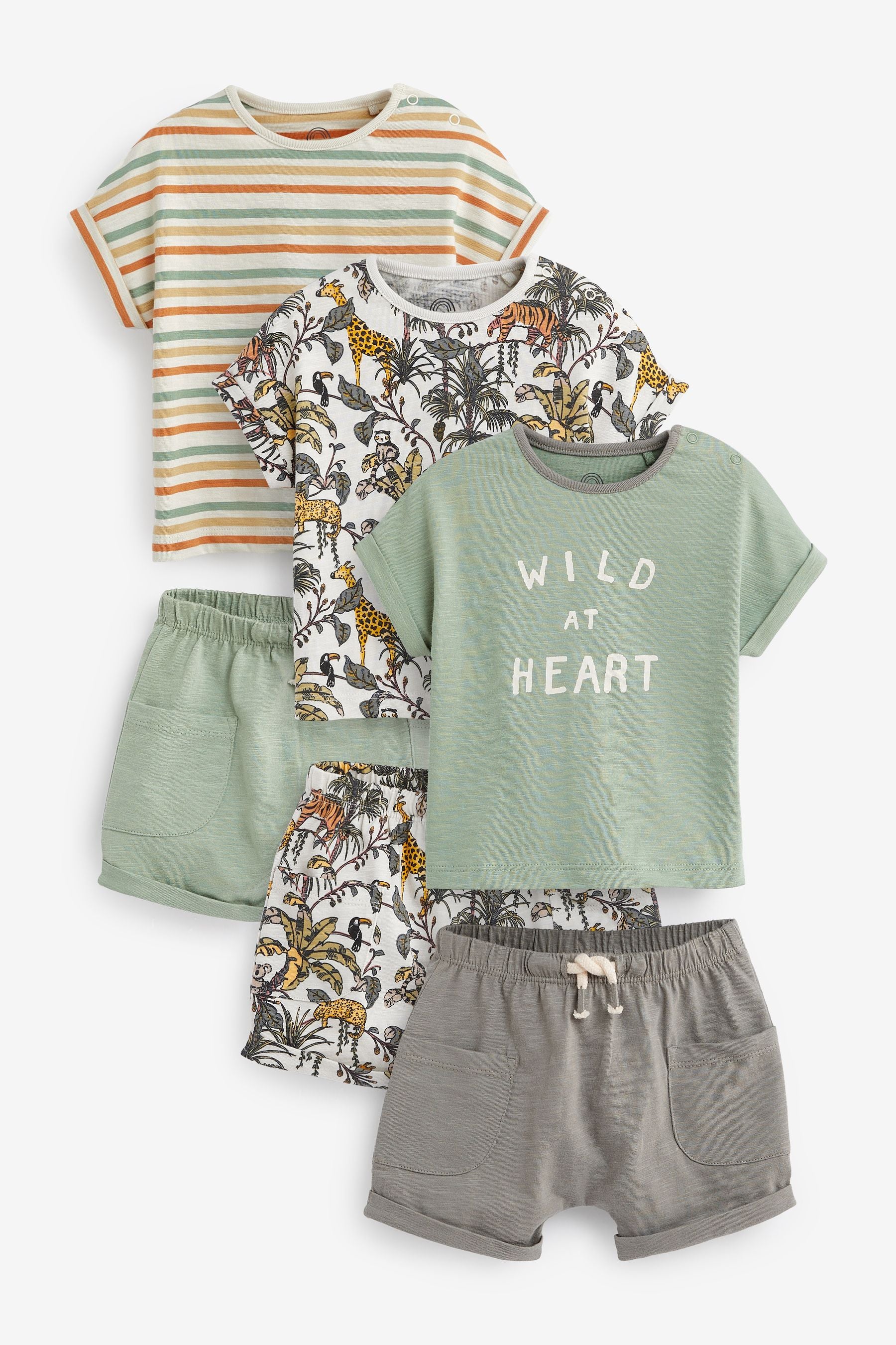 Sage Green Safari Baby T-Shirts And Shorts 6 Piece Set