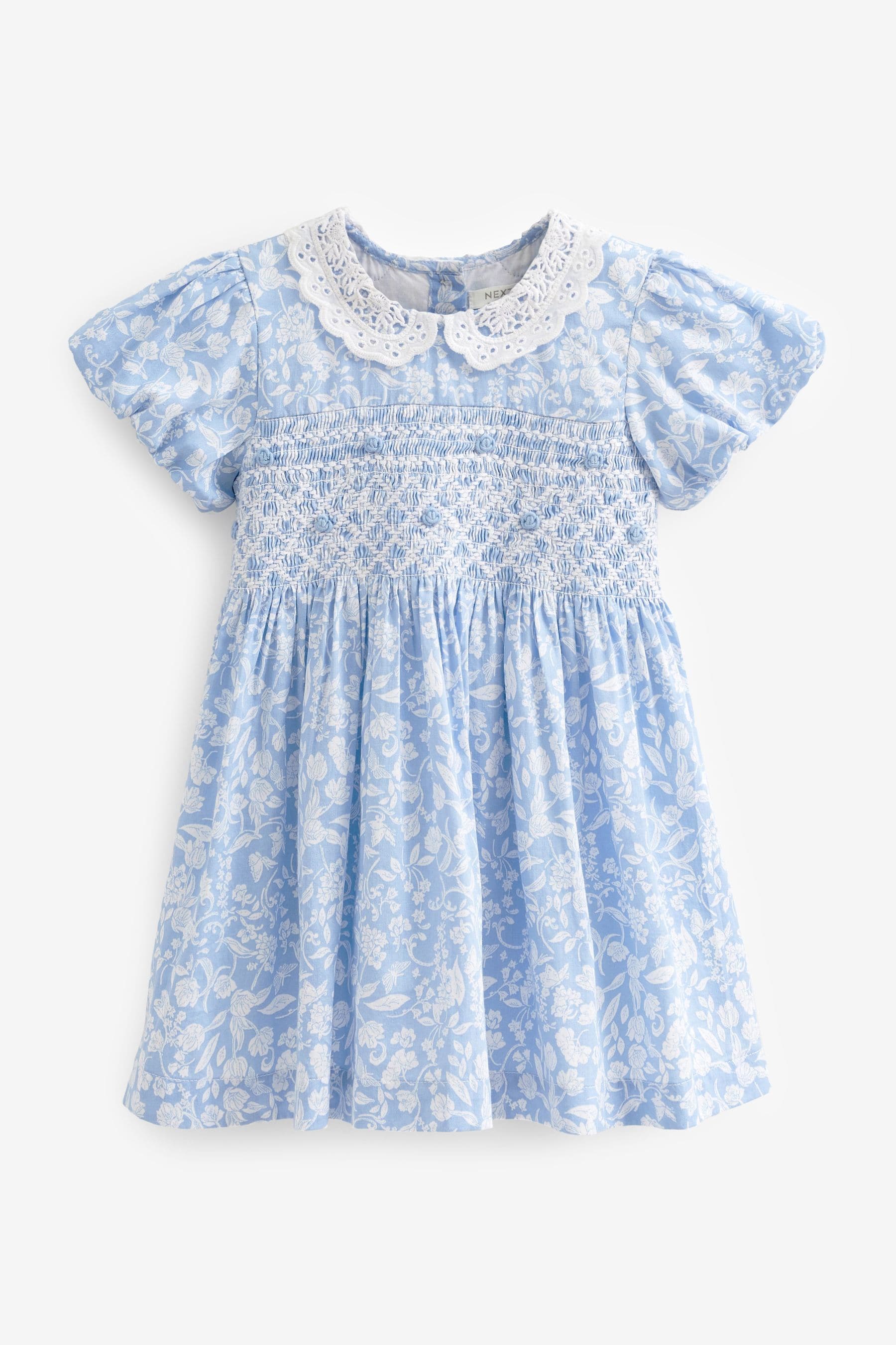 Pale Blue Printed Lace Collar Shirred Cotton Dress (3mths-7yrs)