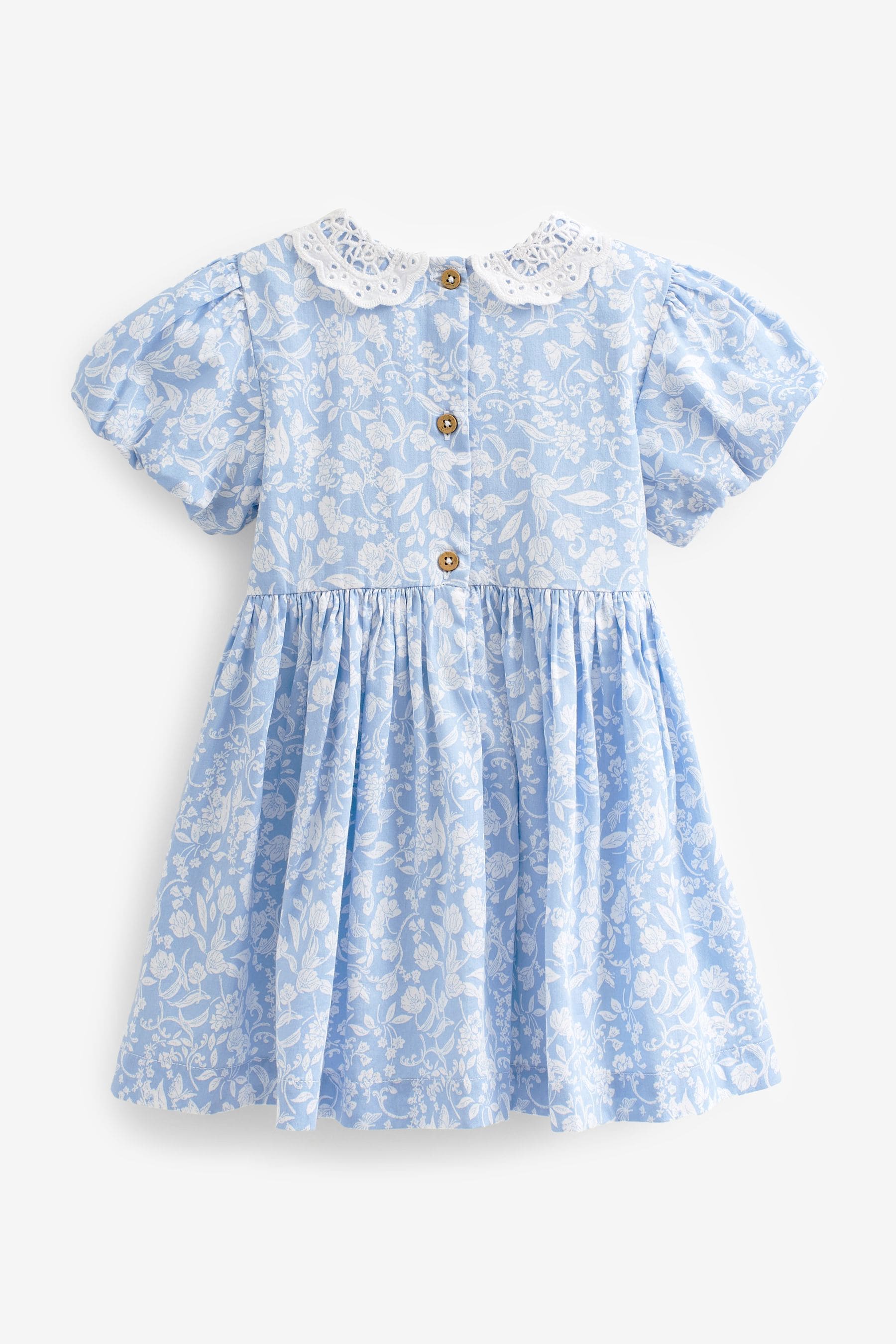 Pale Blue Printed Lace Collar Shirred Cotton Dress (3mths-7yrs)