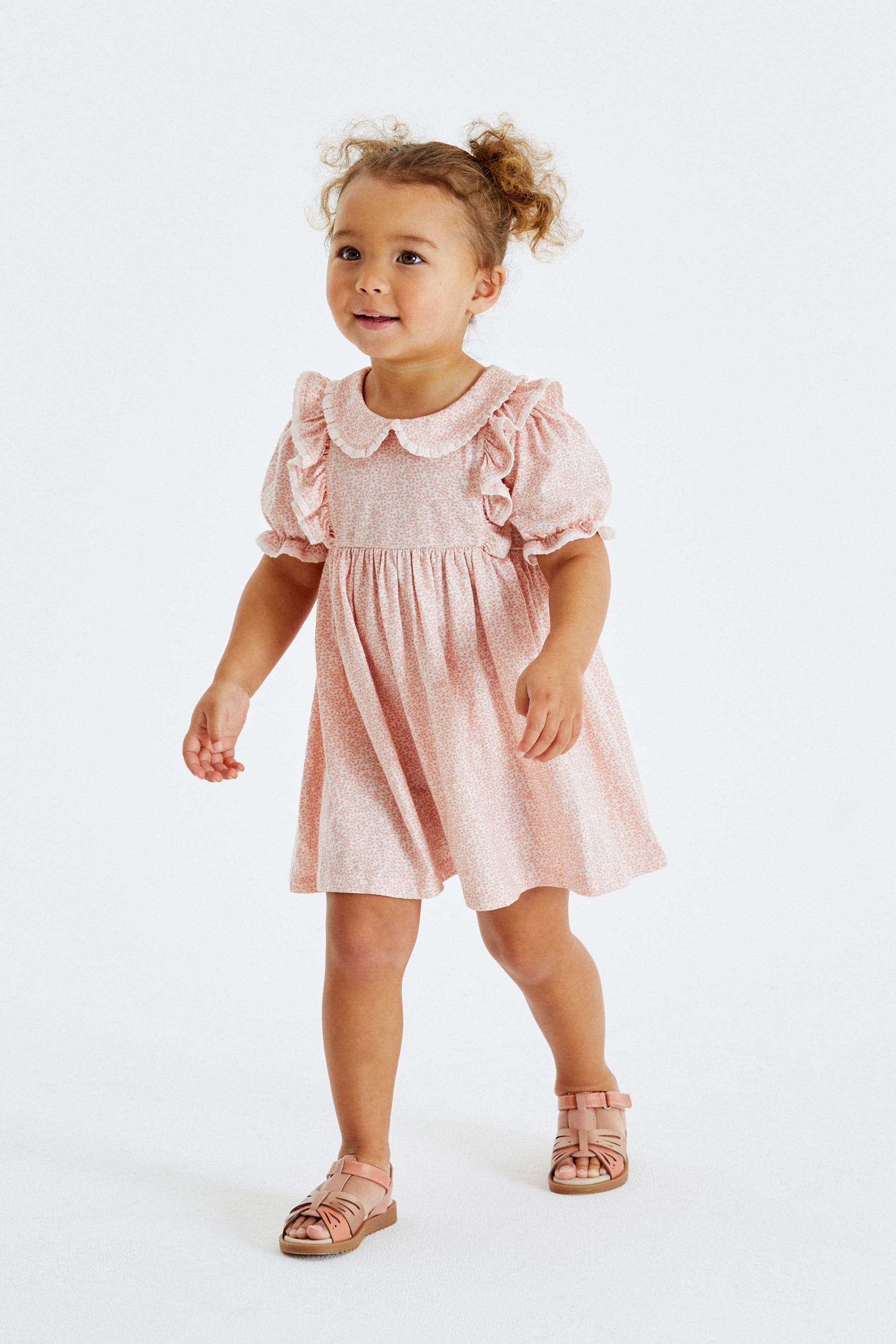 Pink Ditsy Peter Pan Collar Puff Sleeve Cotton Jersey Dress (3mths-7yrs)