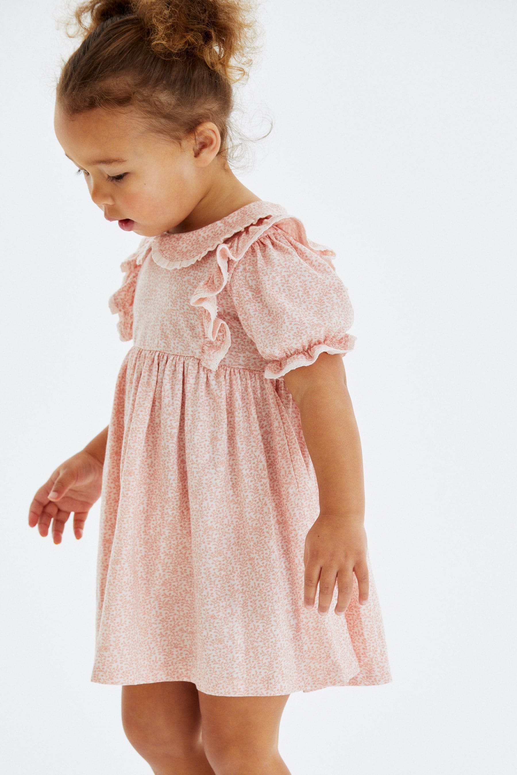 Pink Ditsy Peter Pan Collar Puff Sleeve Cotton Jersey Dress (3mths-7yrs)