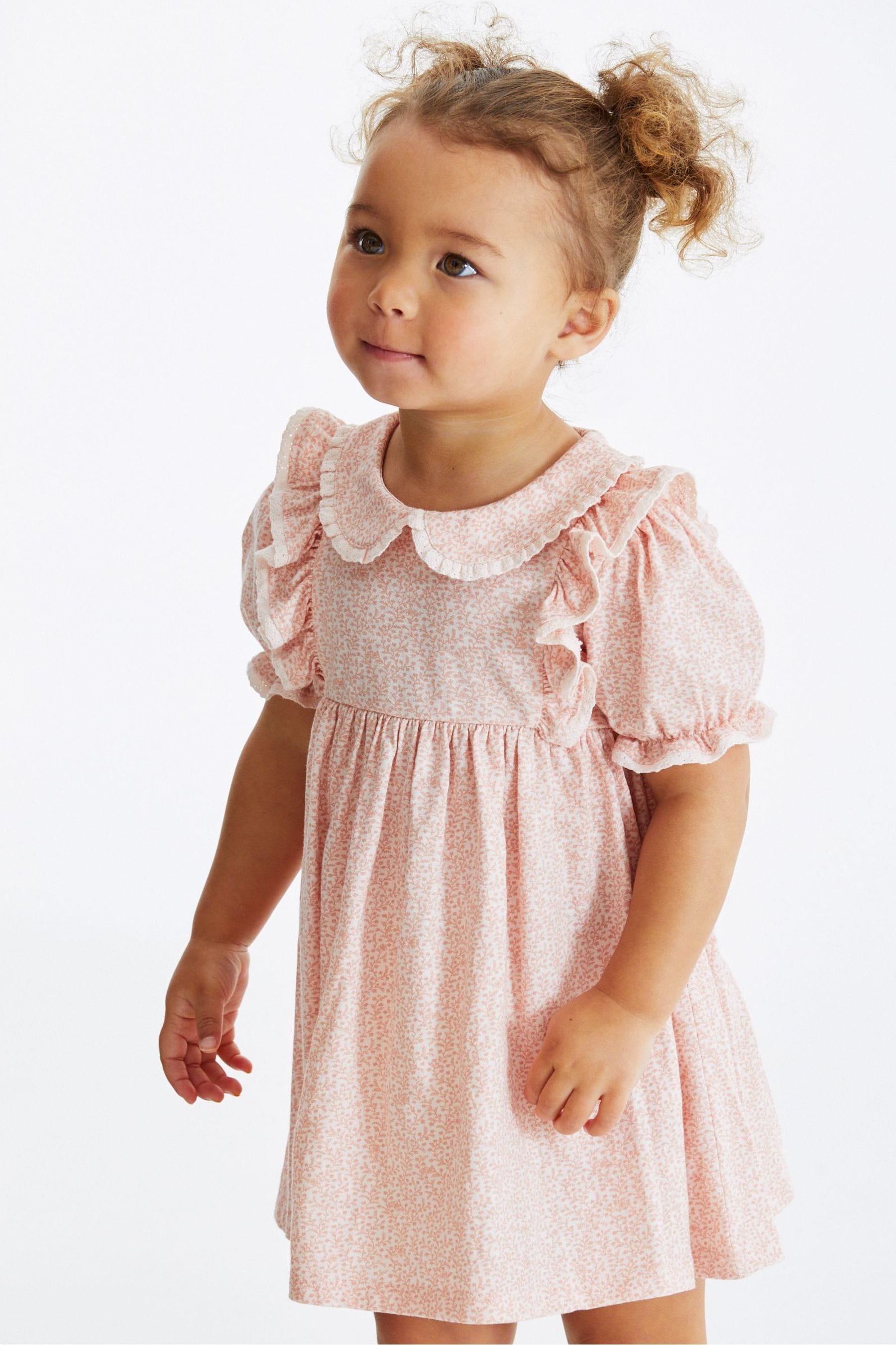 Pink Ditsy Peter Pan Collar Puff Sleeve Cotton Jersey Dress (3mths-7yrs)