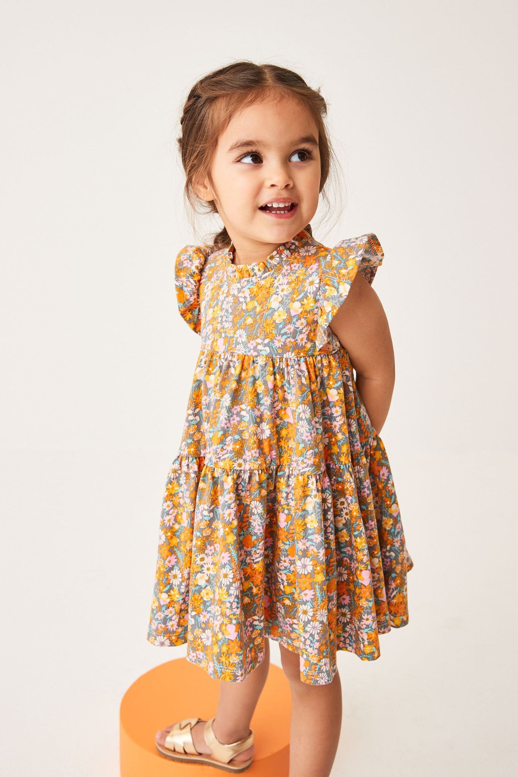 Orange Floral Short Sleeve Tiered Jersey Dress (3mths-7yrs)