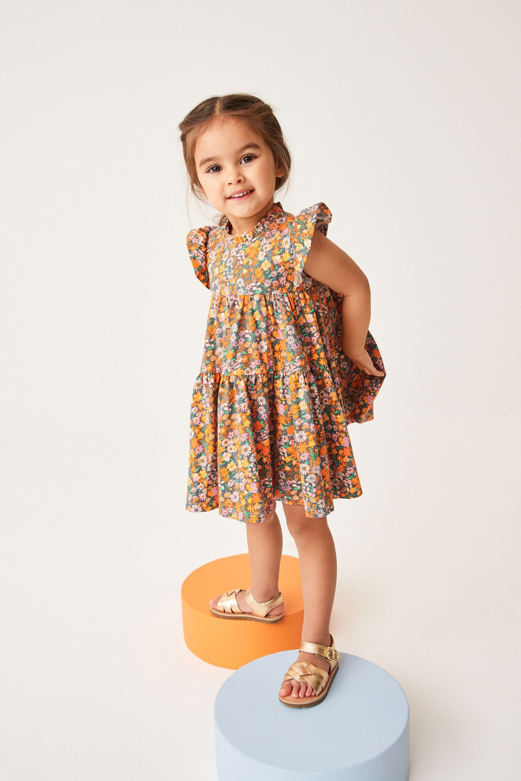 Orange Floral Short Sleeve Tiered Jersey Dress (3mths-7yrs)