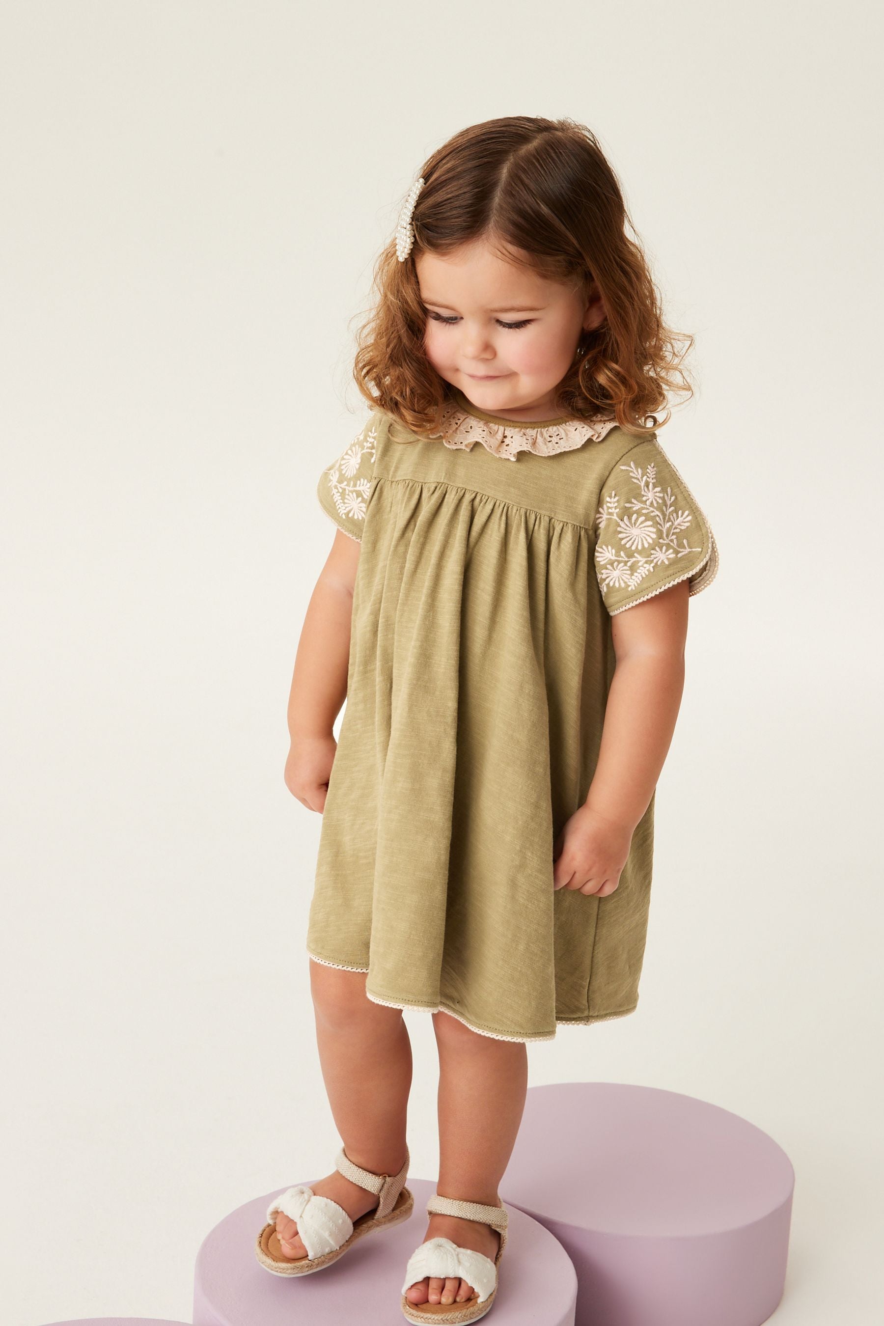 Green Embroidered Collar Short Sleeve Day Dress (3mths-7yrs)