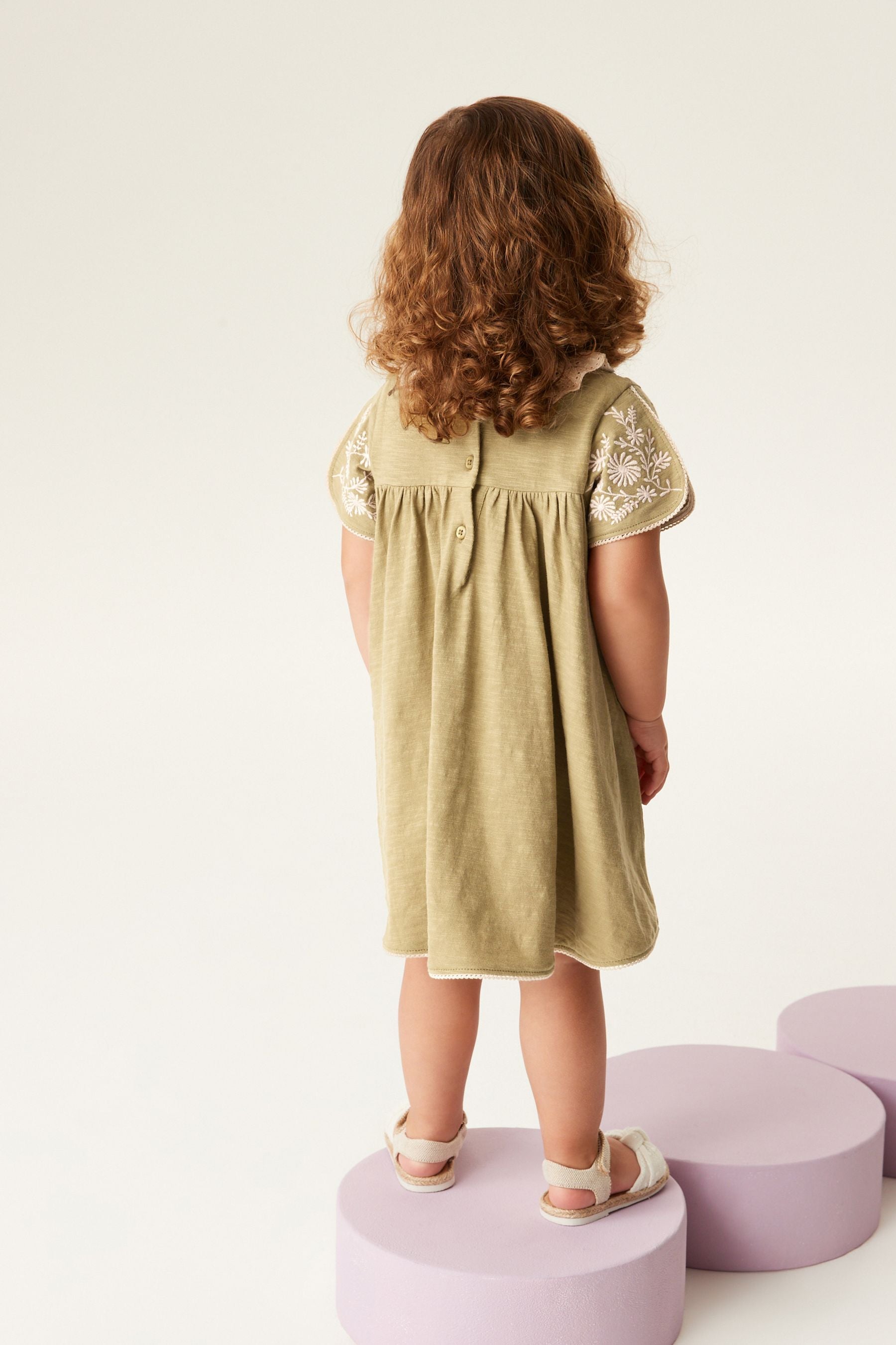 Green Embroidered Collar Short Sleeve Day Dress (3mths-7yrs)