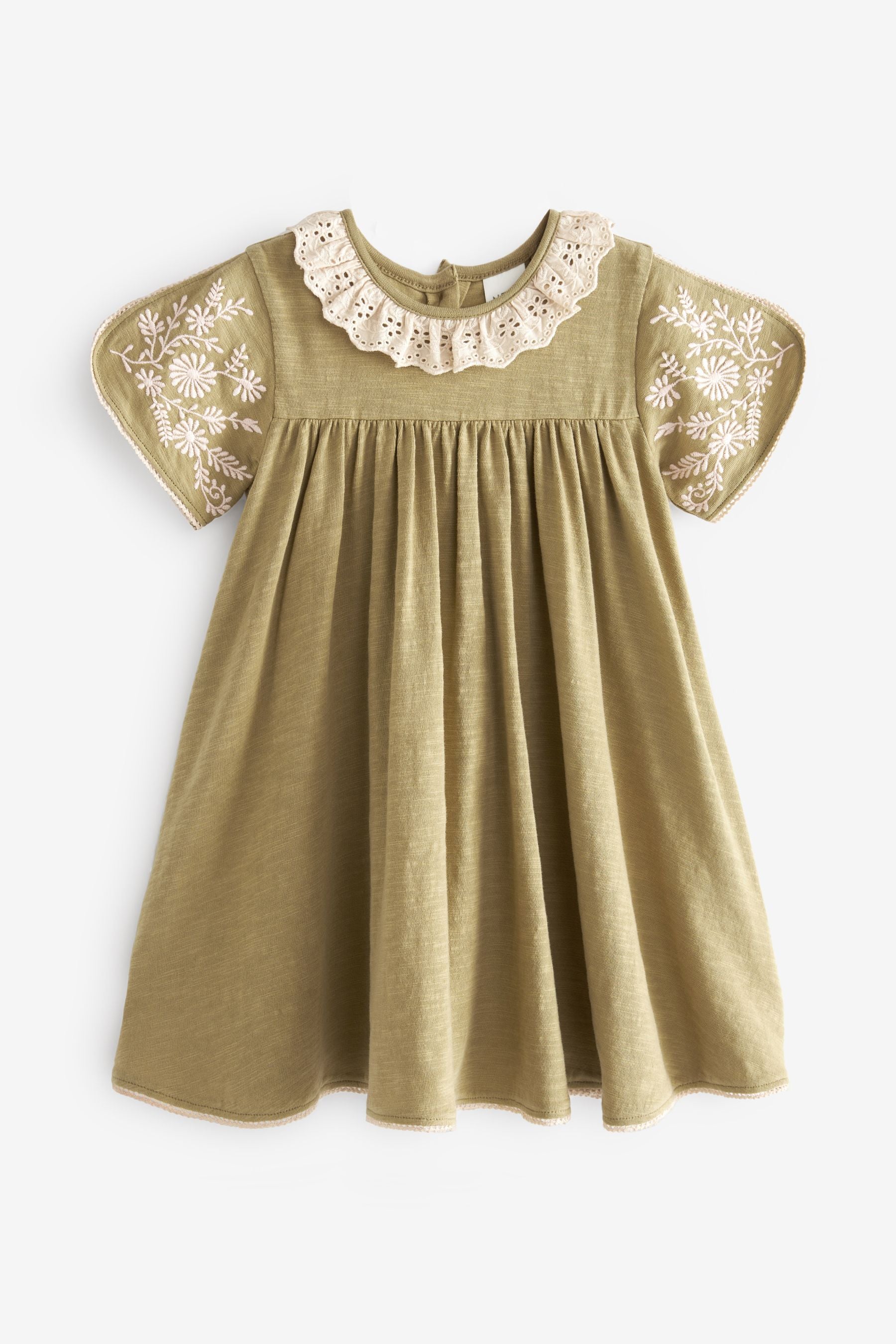 Green Embroidered Collar Short Sleeve Day Dress (3mths-7yrs)