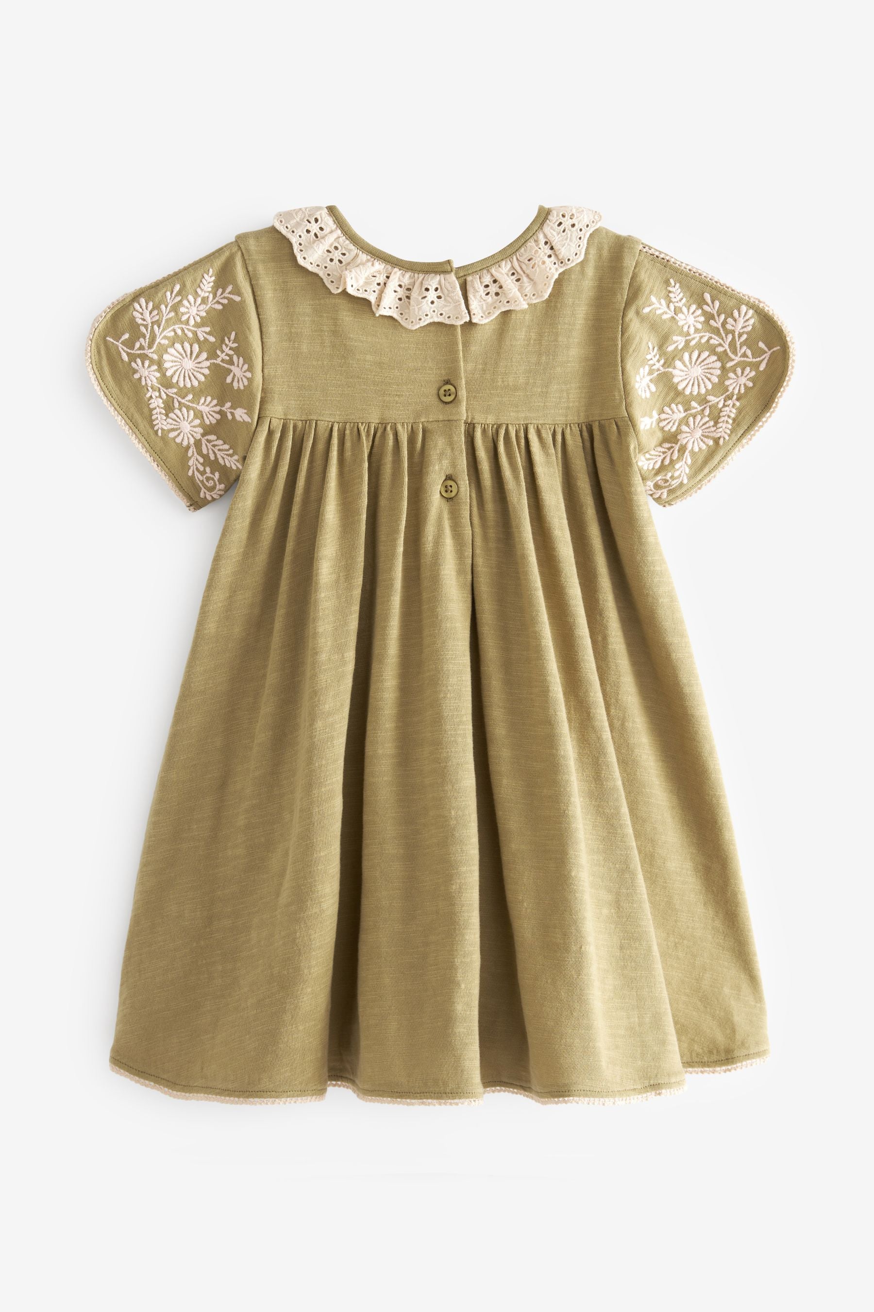 Green Embroidered Collar Short Sleeve Day Dress (3mths-7yrs)