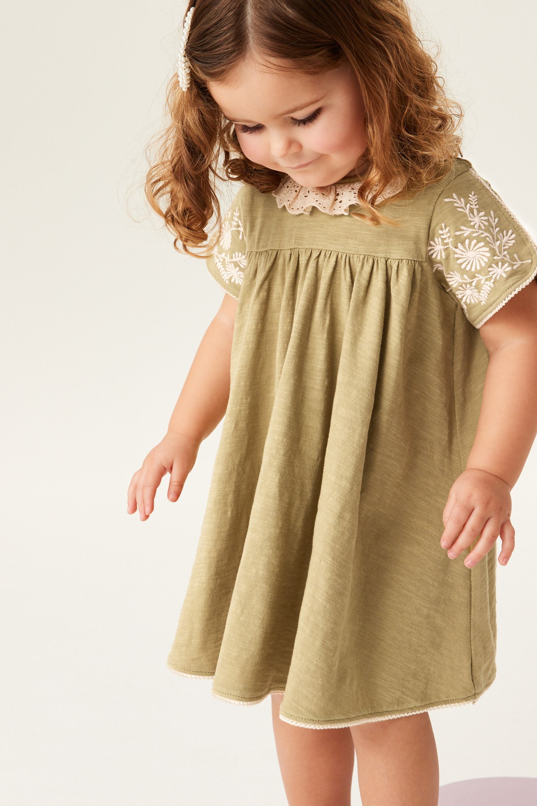 Green Embroidered Collar Short Sleeve Day Dress (3mths-7yrs)