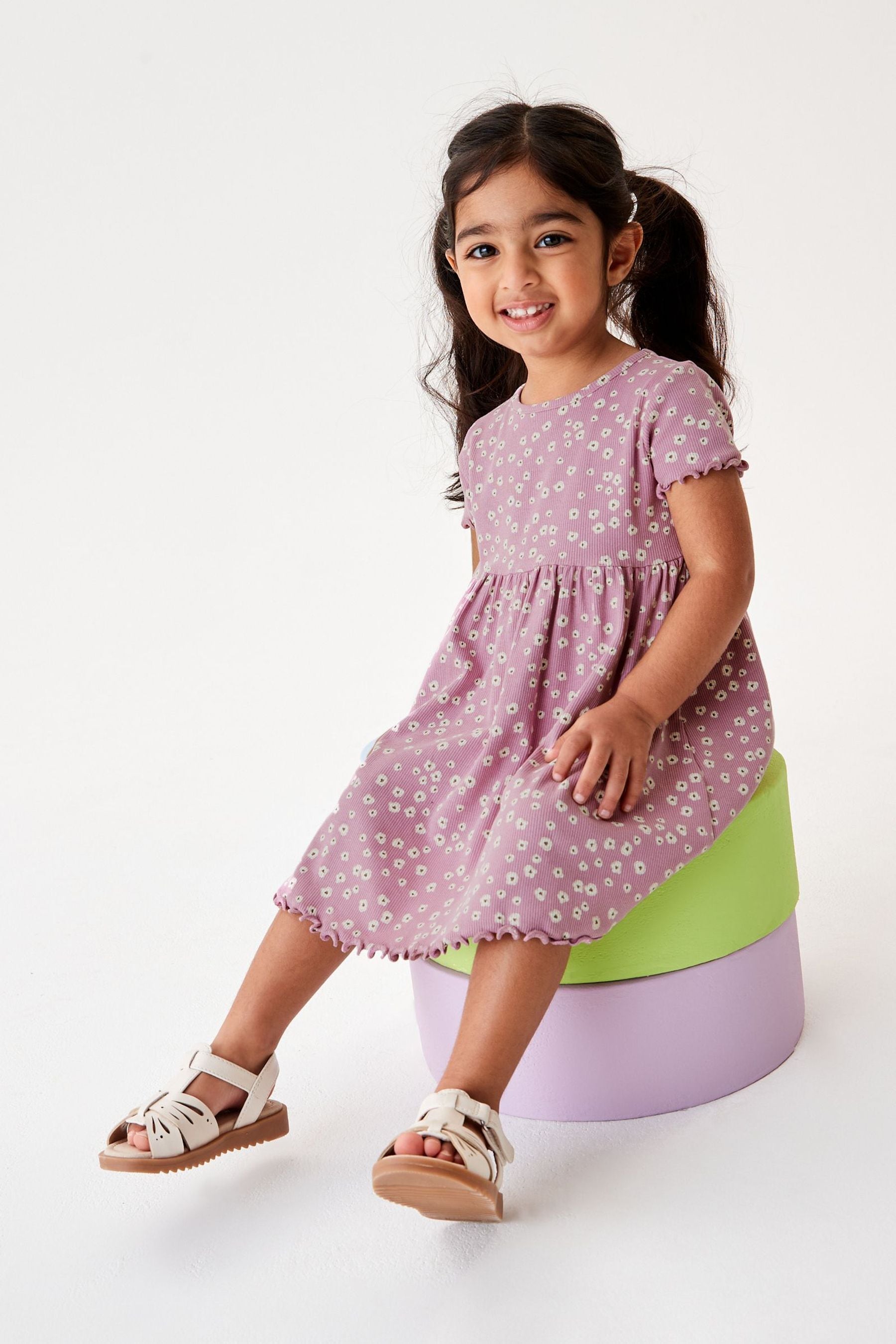 Purple Ditsy Short Sleeve Rib Jersey Dress (3mths-7yrs)