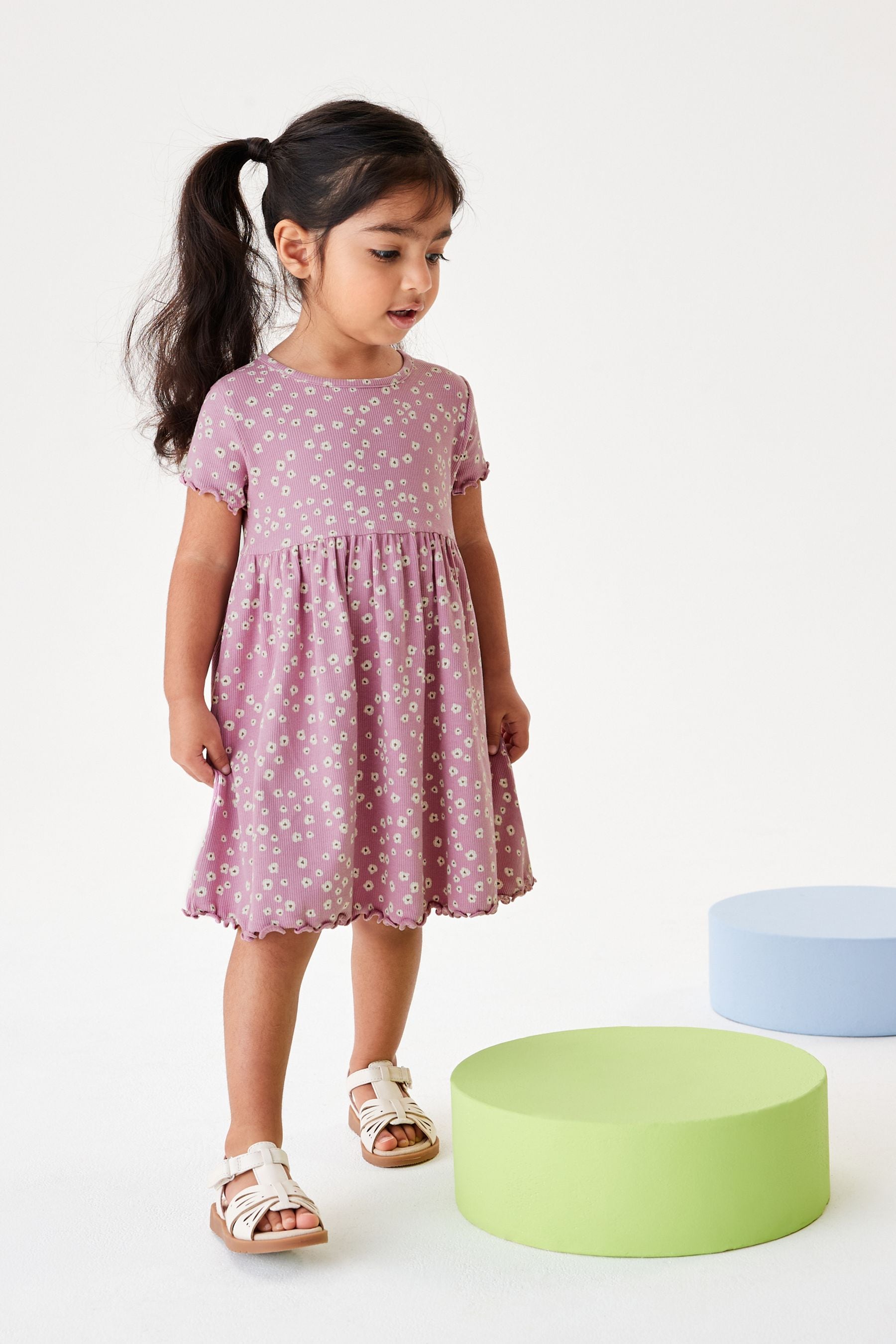 Purple Ditsy Short Sleeve Rib Jersey Dress (3mths-7yrs)