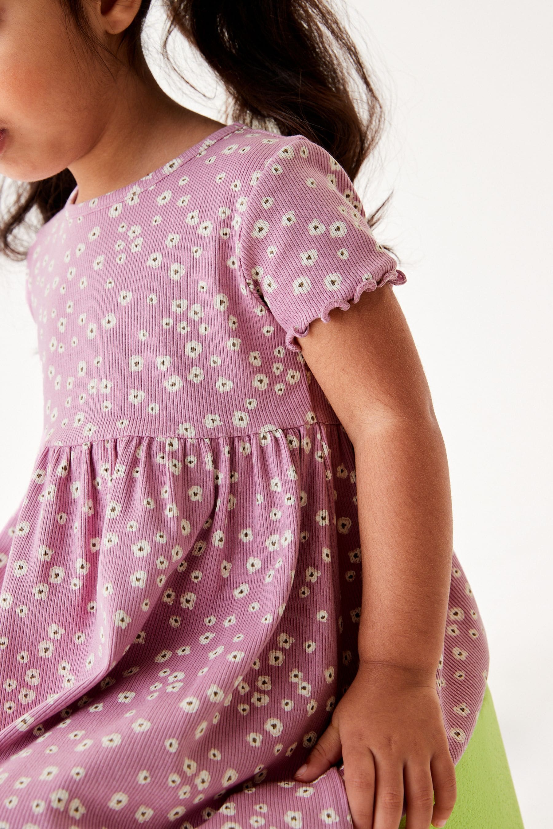 Purple Ditsy Short Sleeve Rib Jersey Dress (3mths-7yrs)