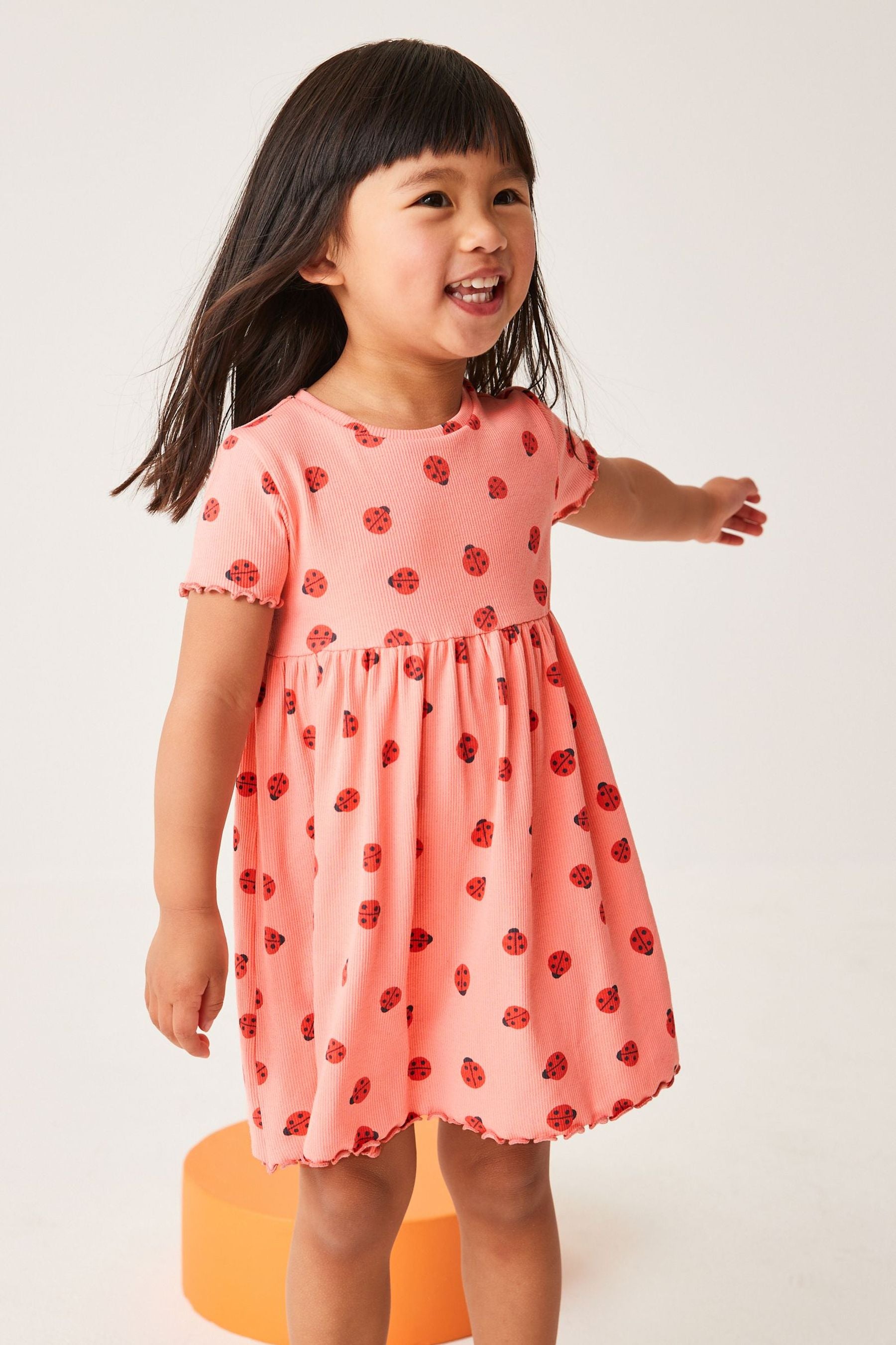 Pink Ladybird Short Sleeve Rib Jersey Dress (3mths-7yrs)