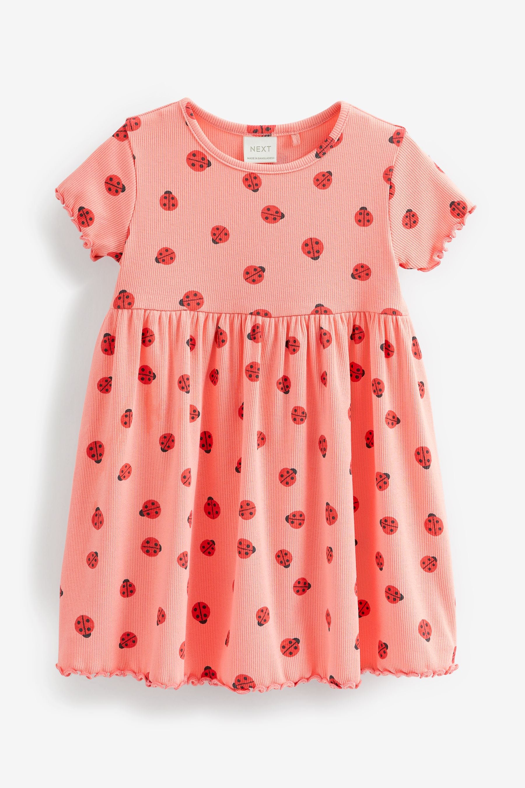 Pink Ladybird Short Sleeve Rib Jersey Dress (3mths-7yrs)