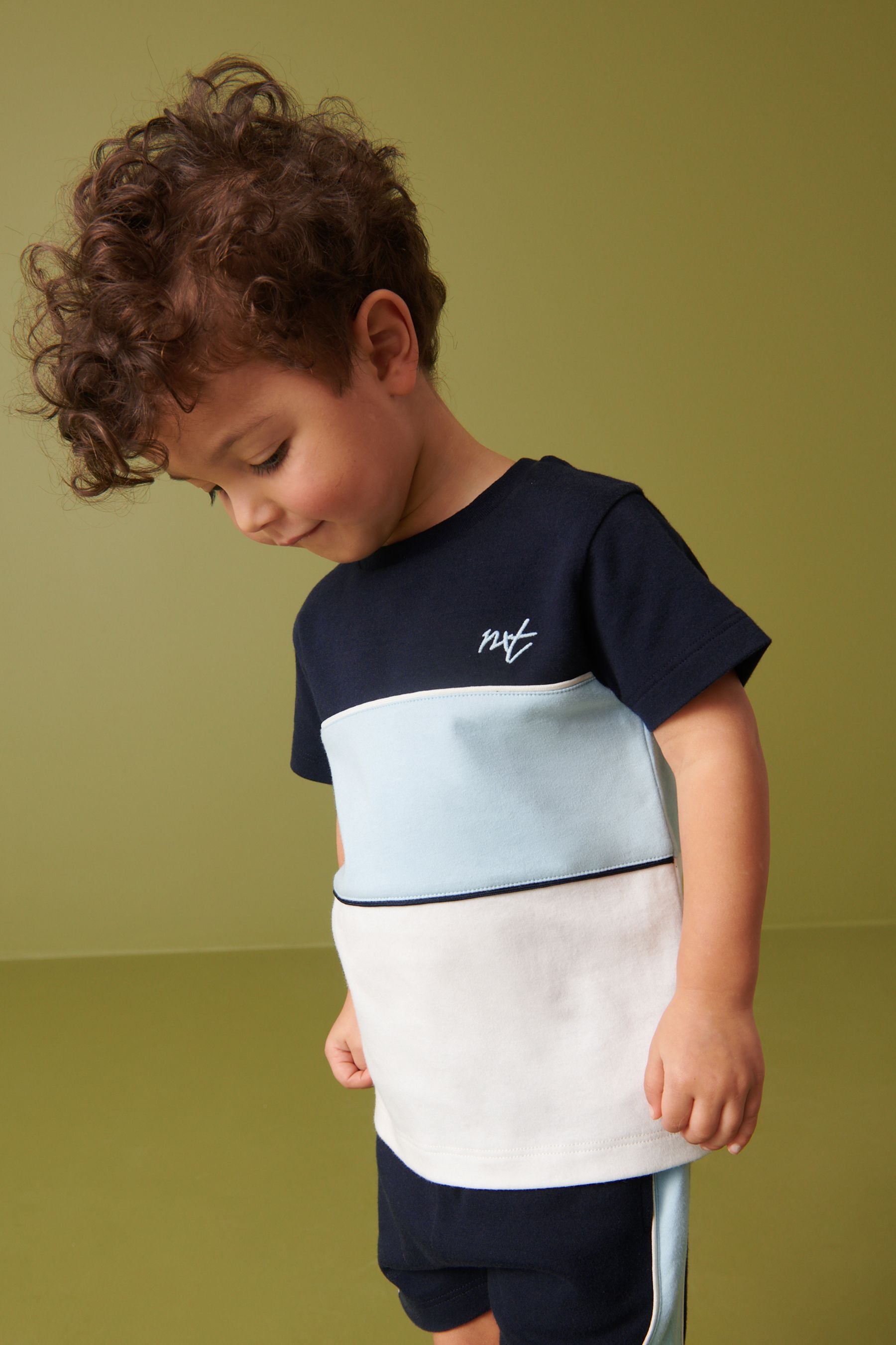 Blue and White Short Sleeves Colourblock T-Shirt and Shorts Set (3mths-7yrs)