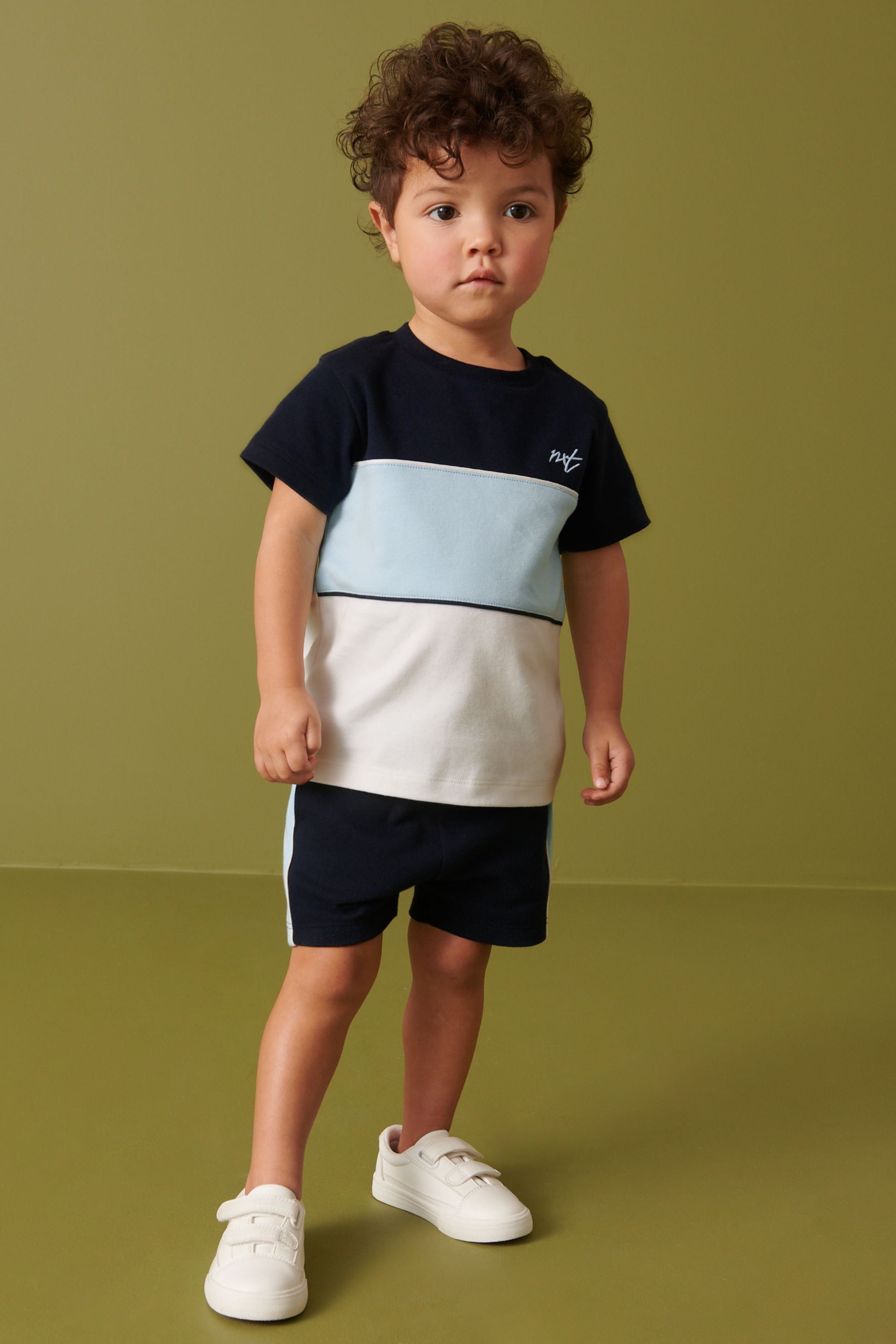 Blue and White Short Sleeves Colourblock T-Shirt and Shorts Set (3mths-7yrs)