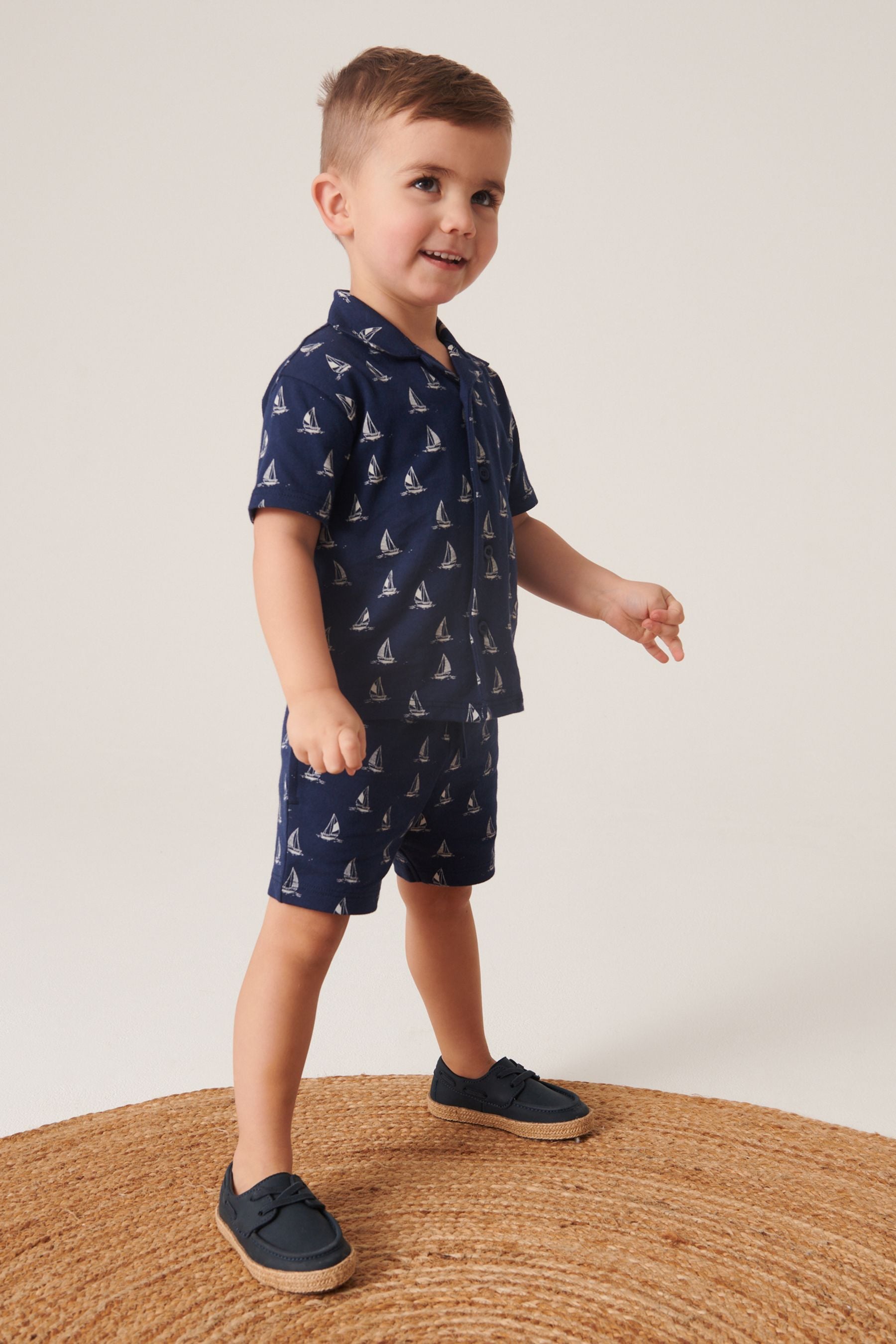 Navy Yacht Boat Revere Collar Jersey Shirt and Shorts Set (3mths-7yrs)