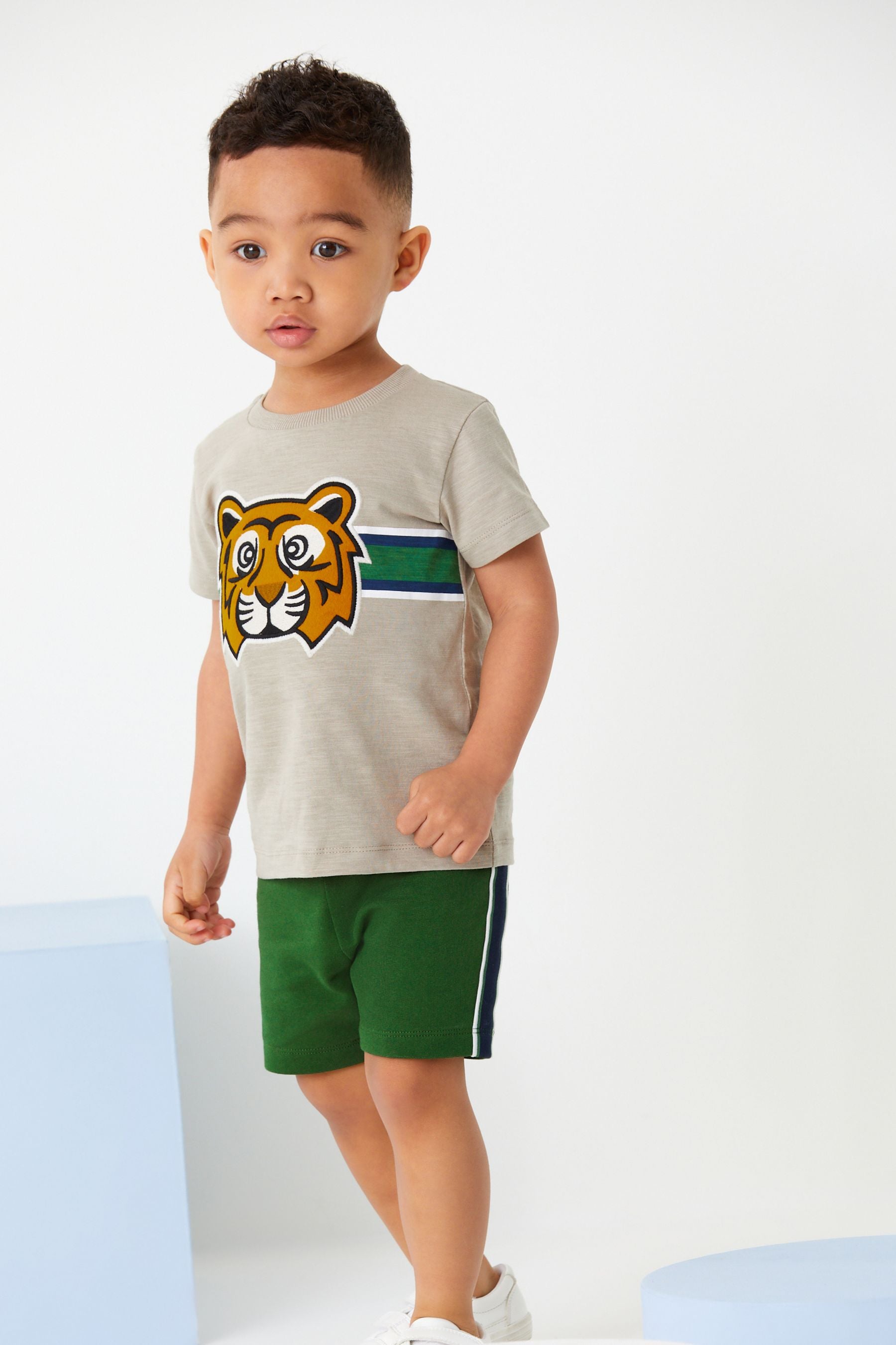 Neutral & Green Applique Tiger T-Shirt and Shorts Set (3mths-7yr