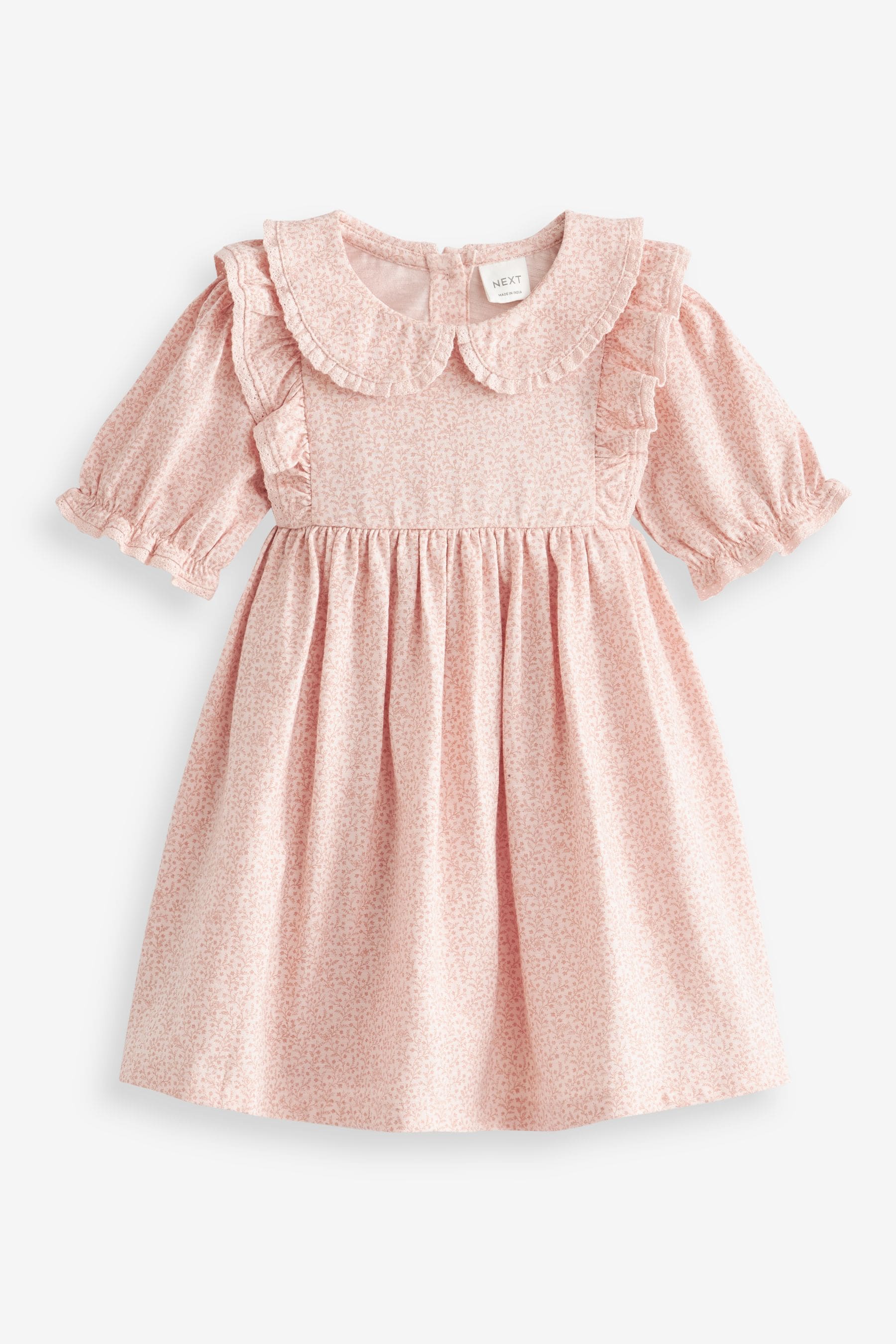 Pink Ditsy Peter Pan Collar Puff Sleeve Cotton Jersey Dress (3mths-7yrs)