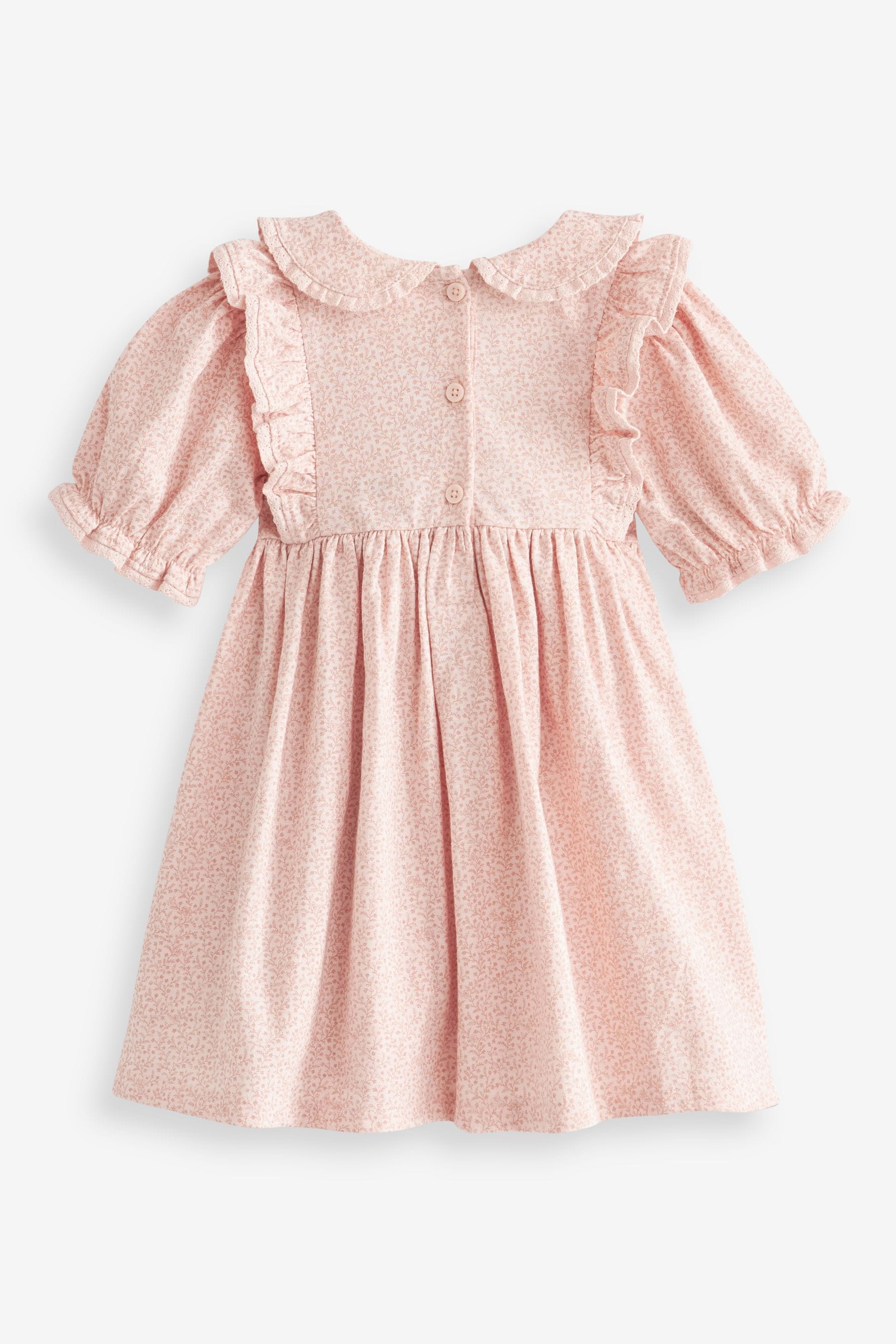 Pink Ditsy Peter Pan Collar Puff Sleeve Cotton Jersey Dress (3mths-7yrs)