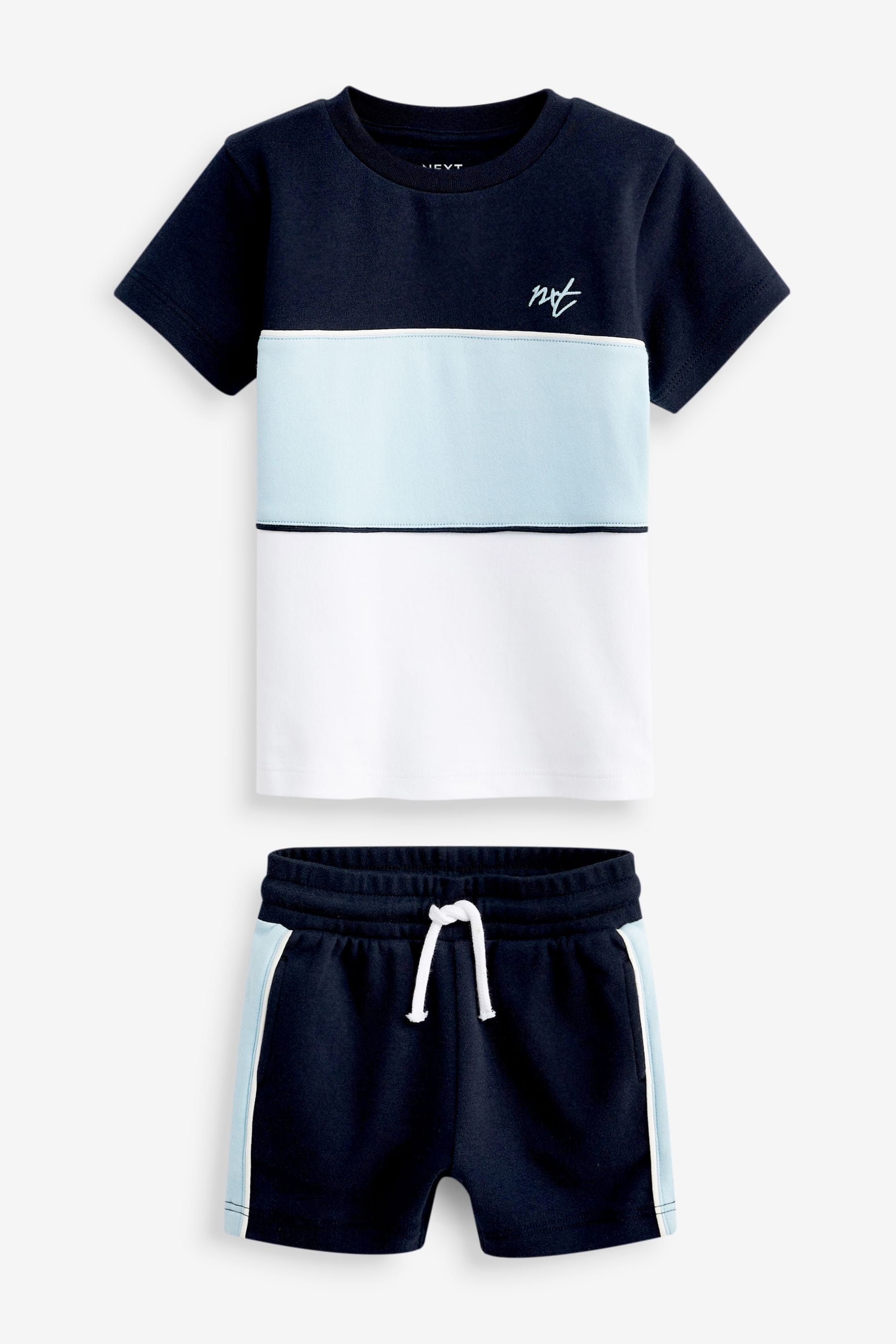 Blue and White Short Sleeves Colourblock T-Shirt and Shorts Set (3mths-7yrs)