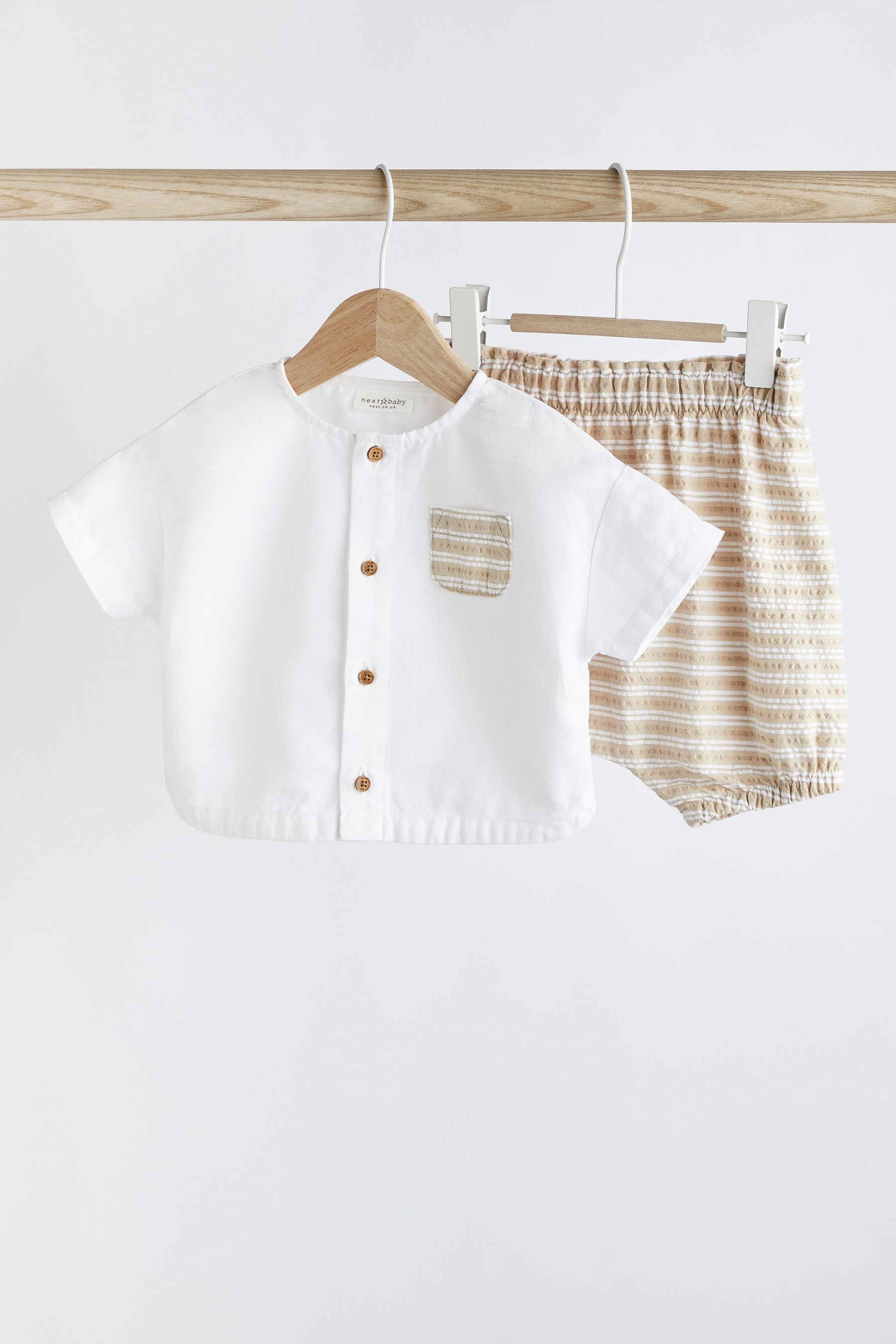 Neutral Woven Shirt And Stripe Shorts Set