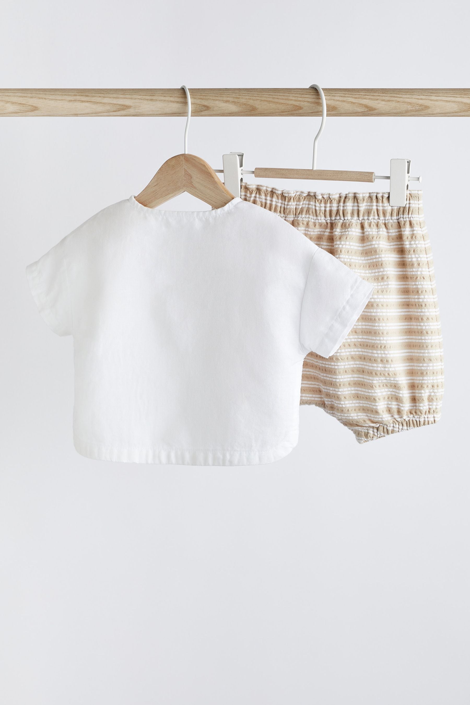 Neutral Woven Shirt And Stripe Shorts Set