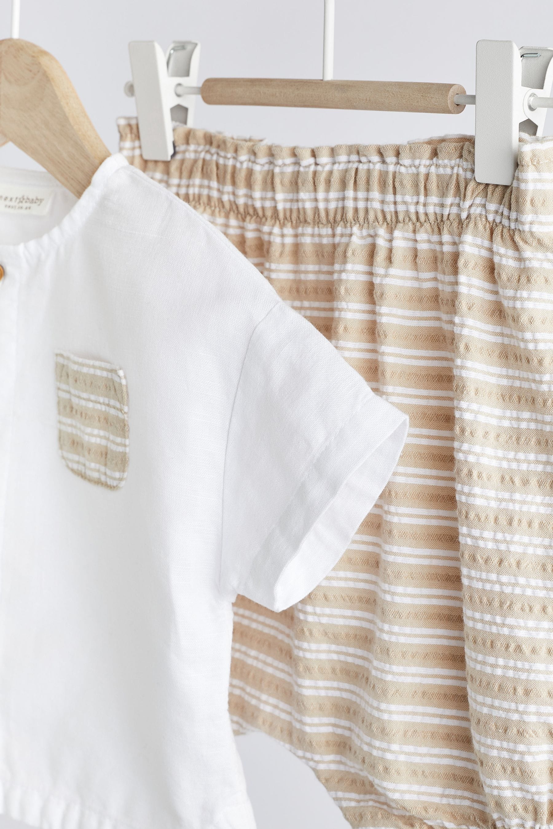 Neutral Woven Shirt And Stripe Shorts Set