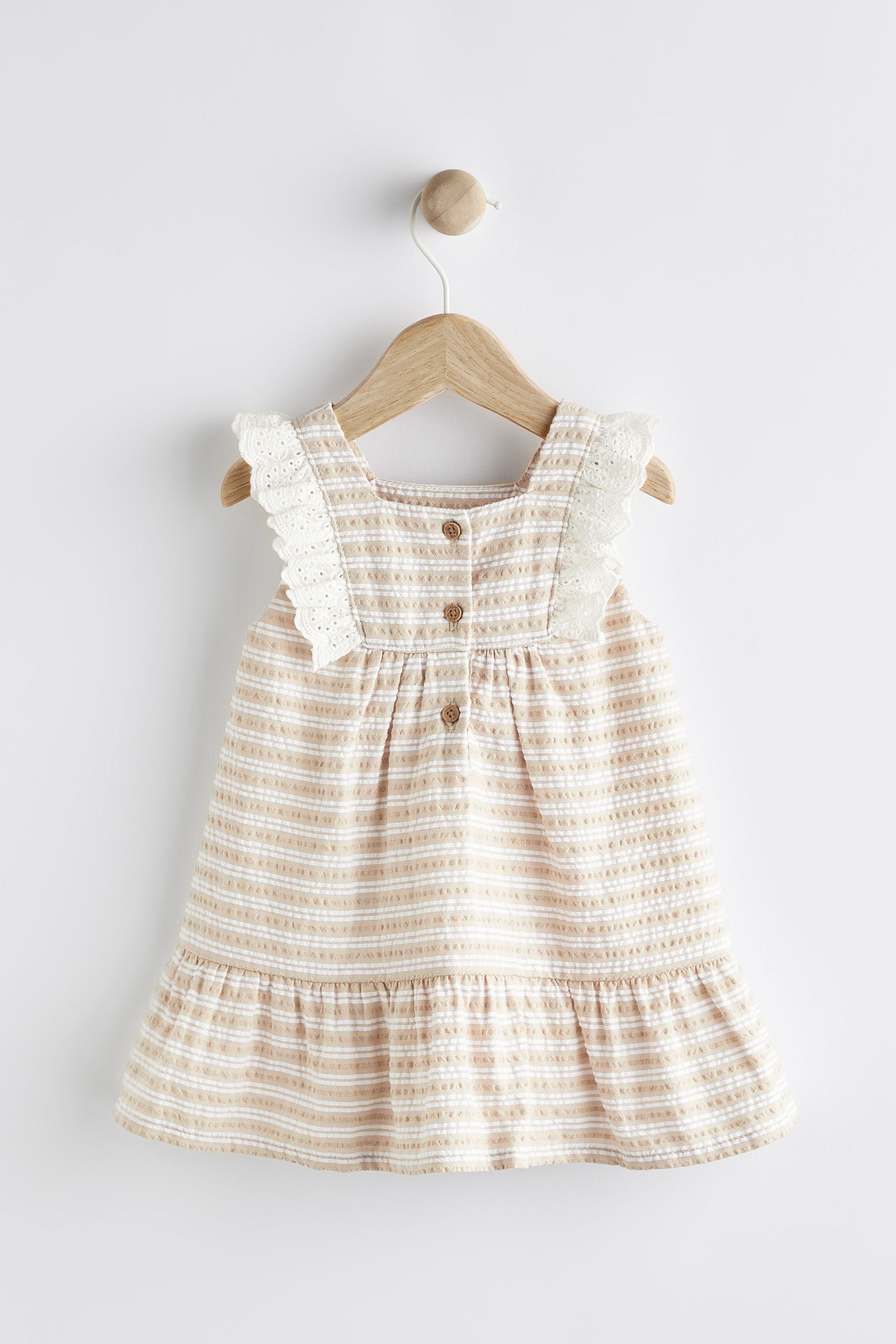 Neutral Broderie Detail Textured Stripe Dress