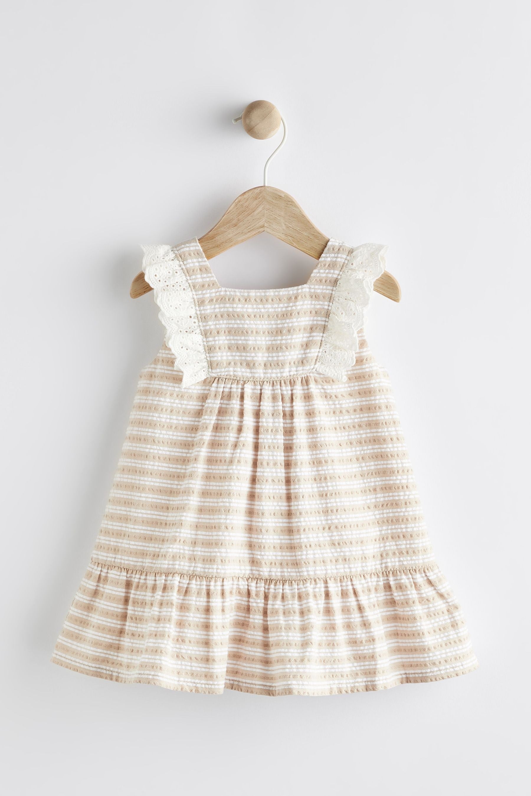 Neutral Broderie Detail Textured Stripe Dress