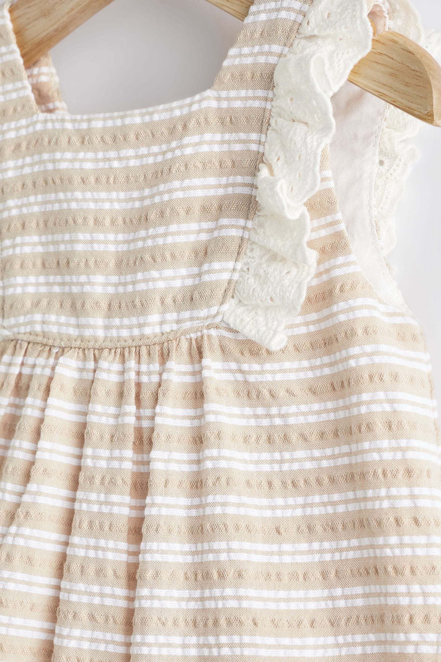 Neutral Broderie Detail Textured Stripe Dress