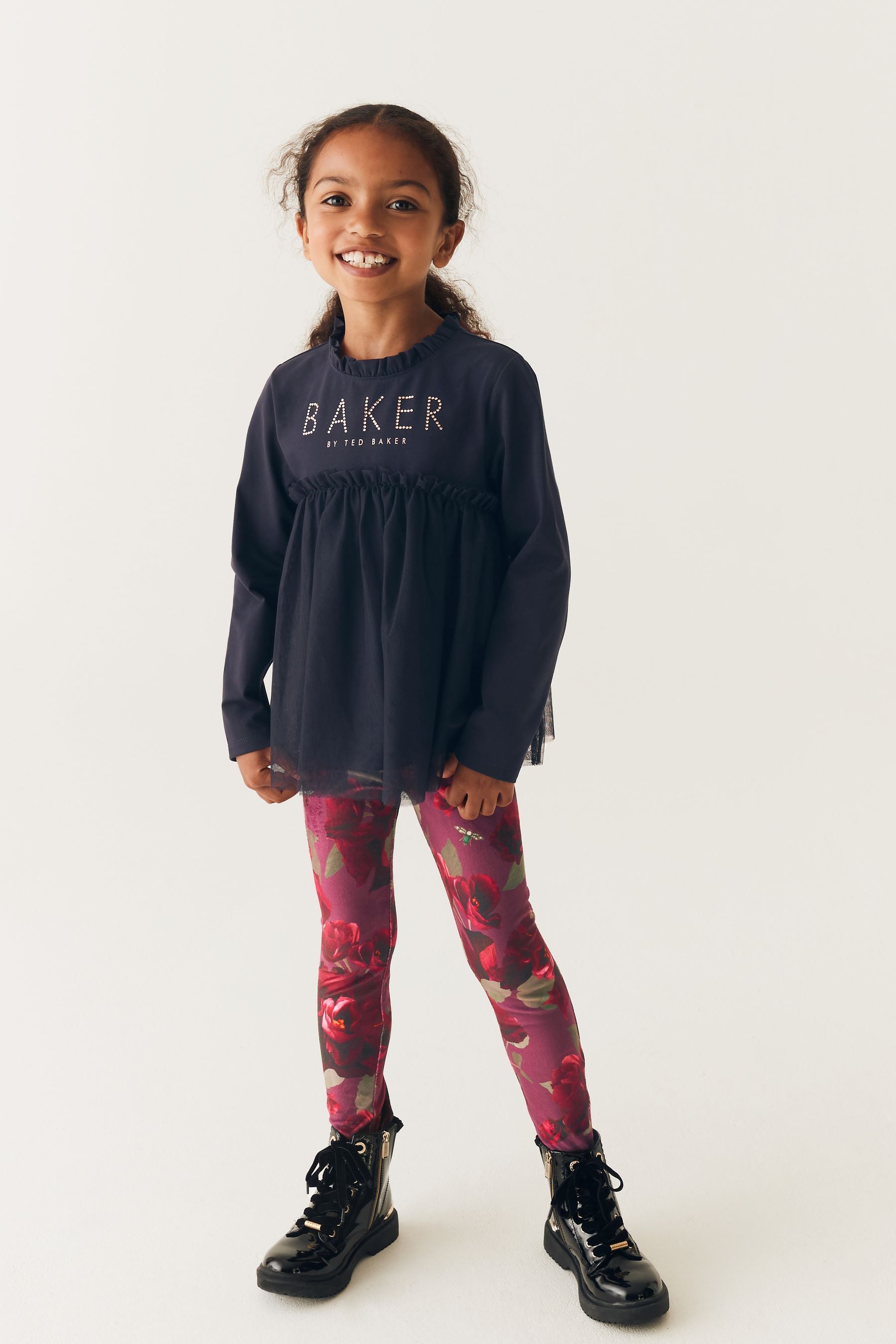 Navy Baker by Ted Baker Burgundy Floral Velour Leggings and Navy Tulle T-Shirt Set