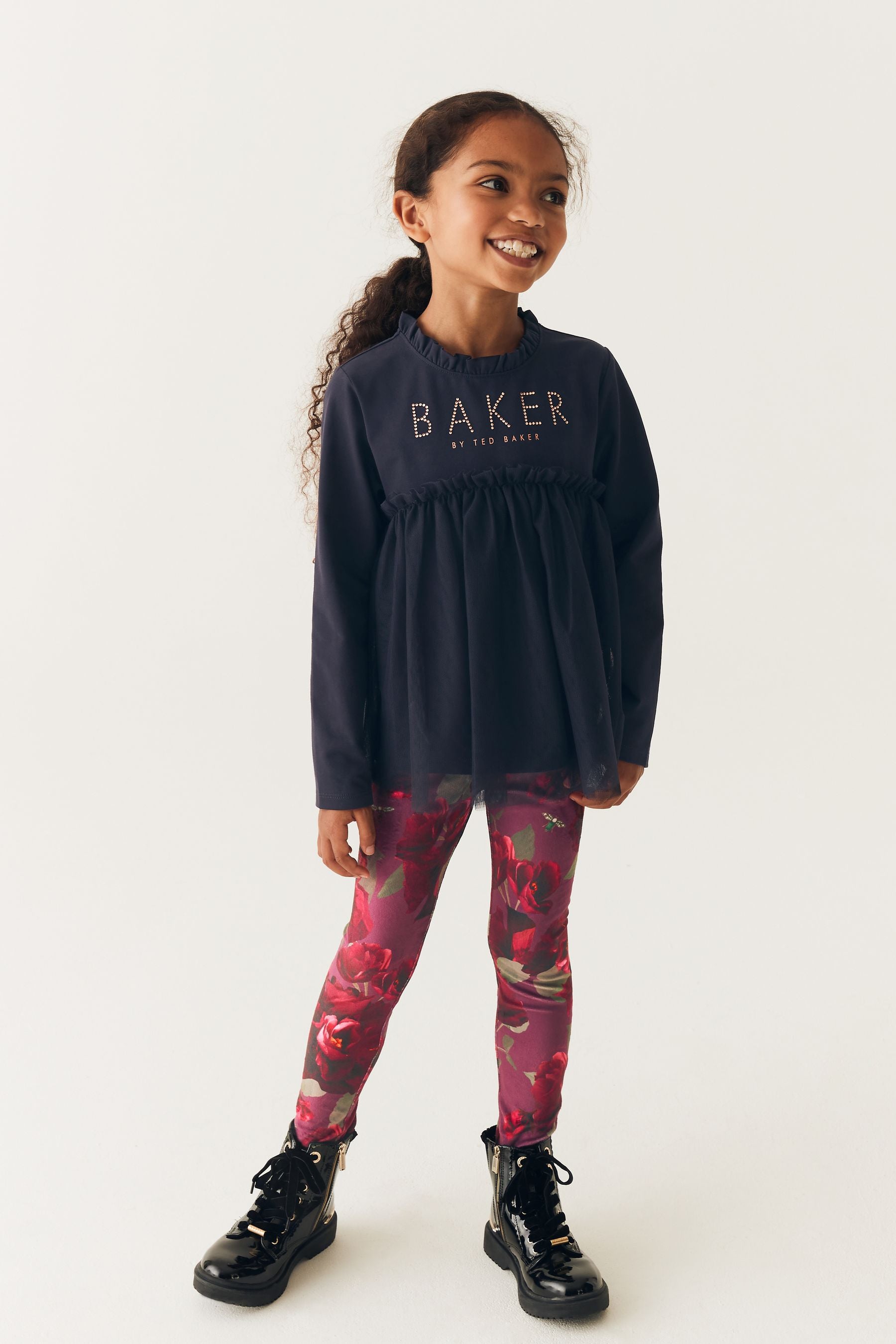 Navy Baker by Ted Baker Burgundy Floral Velour Leggings and Navy Tulle T-Shirt Set