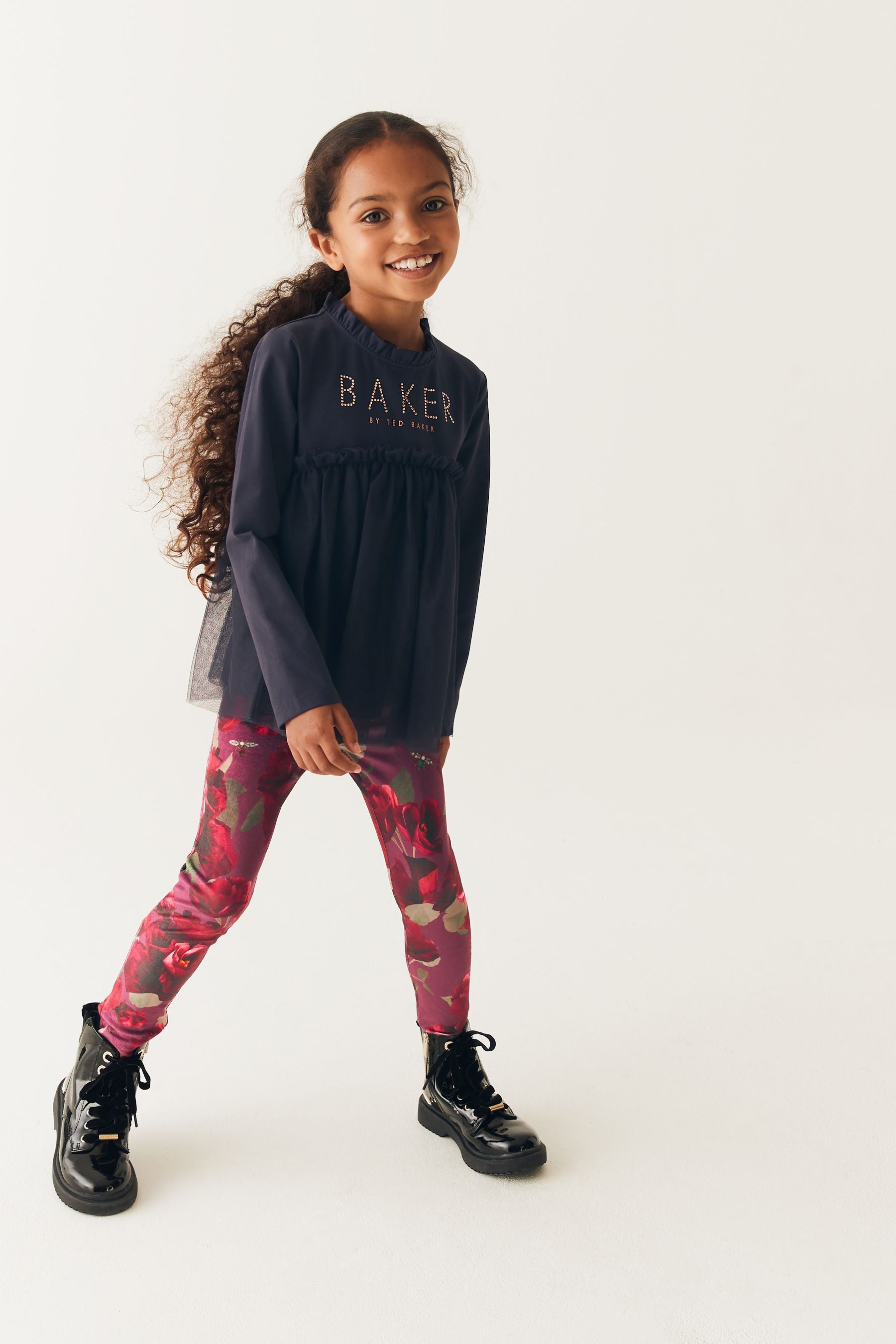 Navy Baker by Ted Baker Burgundy Floral Velour Leggings and Navy Tulle T-Shirt Set