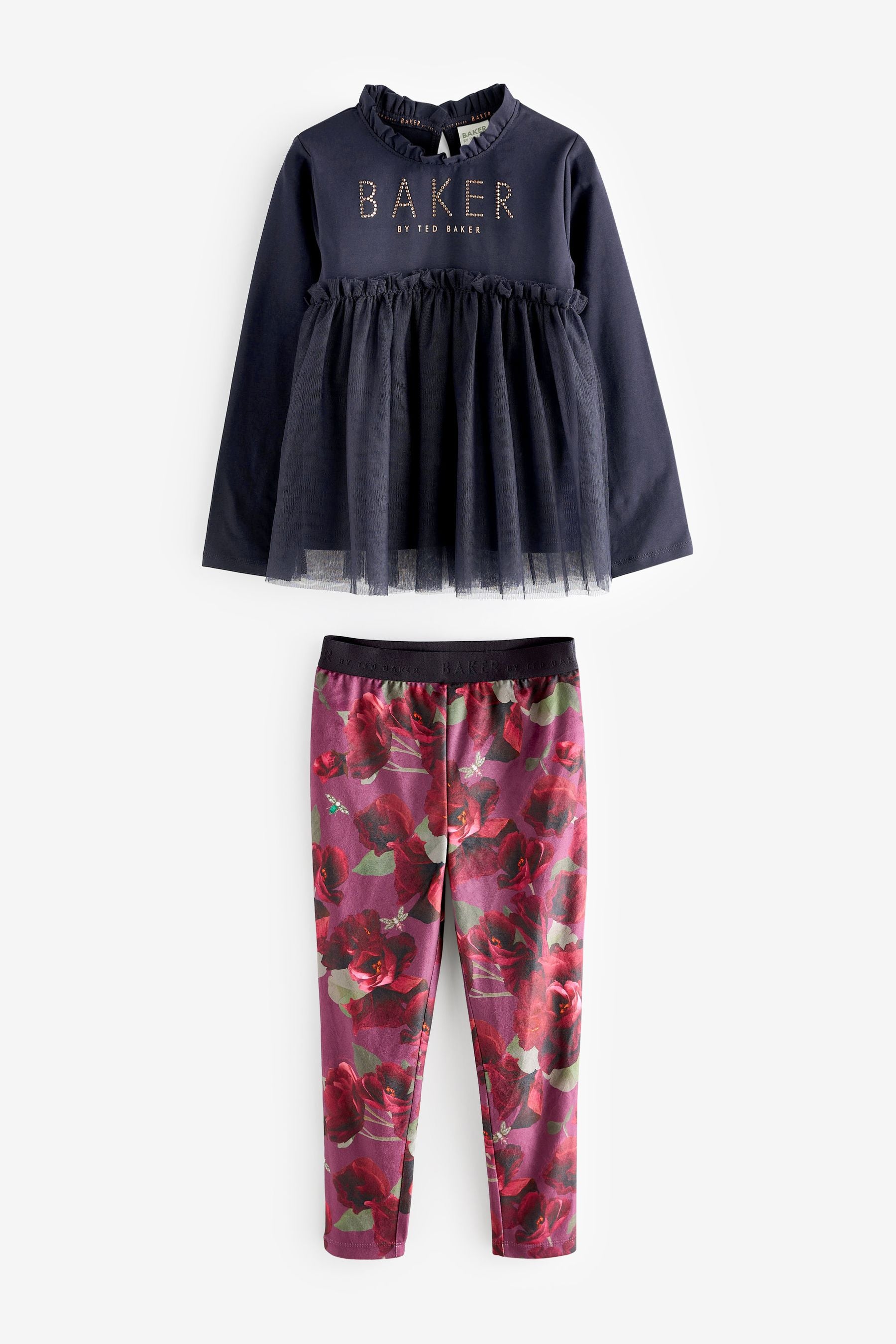 Navy Baker by Ted Baker Burgundy Floral Velour Leggings and Navy Tulle T-Shirt Set