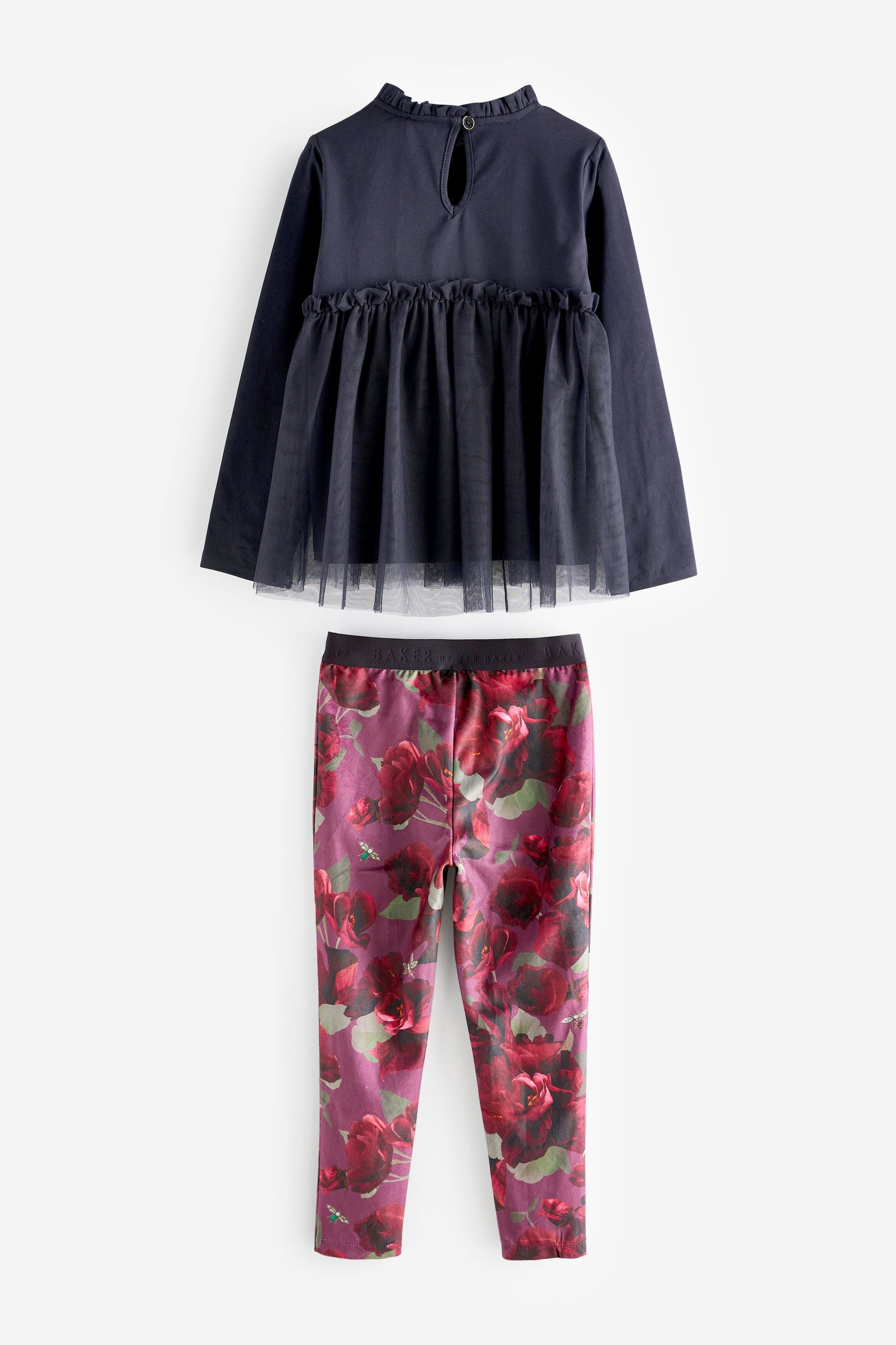 Navy Baker by Ted Baker Burgundy Floral Velour Leggings and Navy Tulle T-Shirt Set