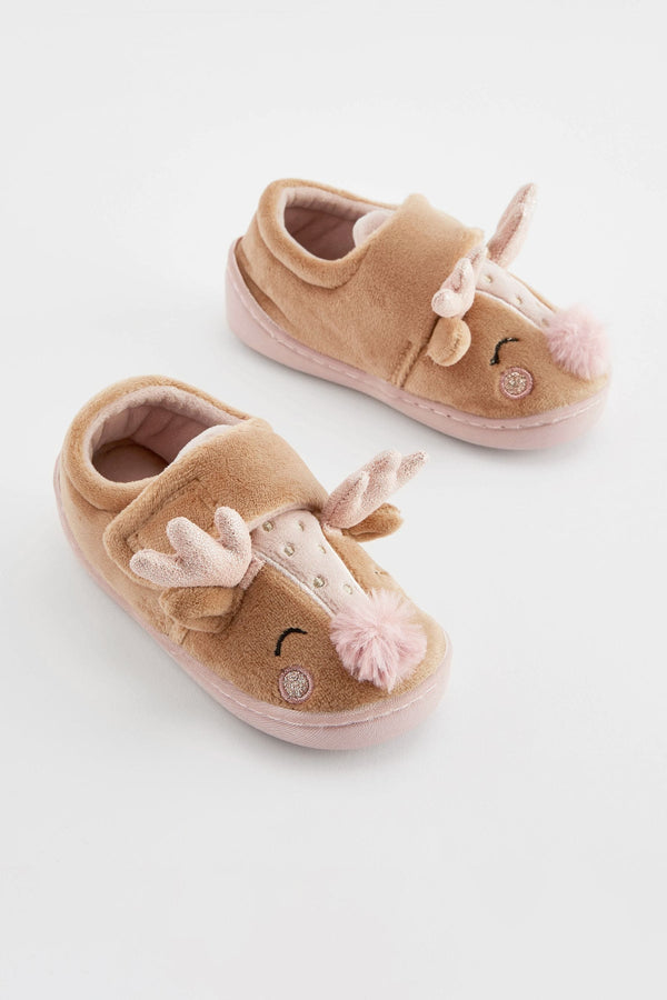 Tan Brown Christmas Reindeer Cupsole Slippers