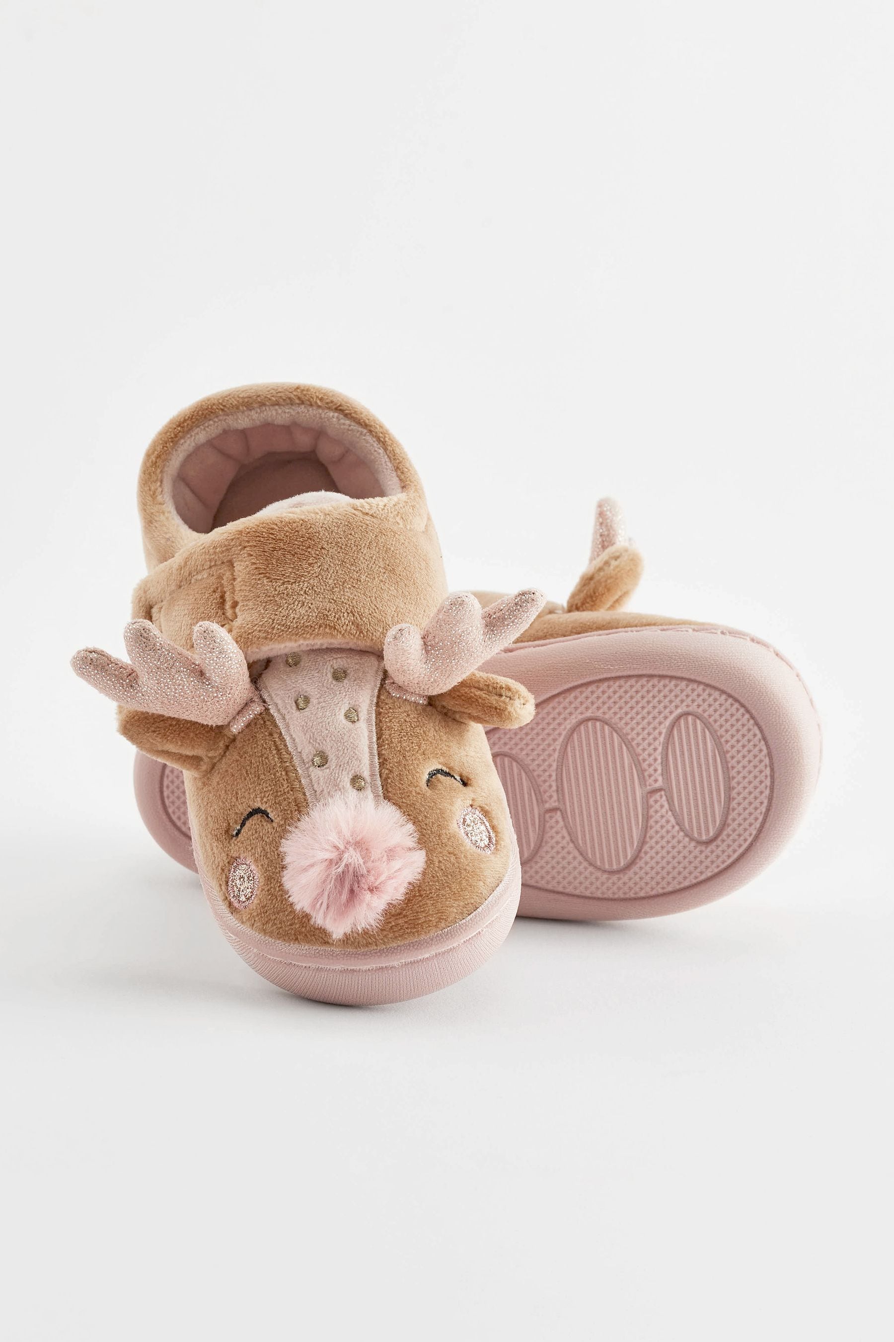 Tan Brown Christmas Reindeer Cupsole Slippers