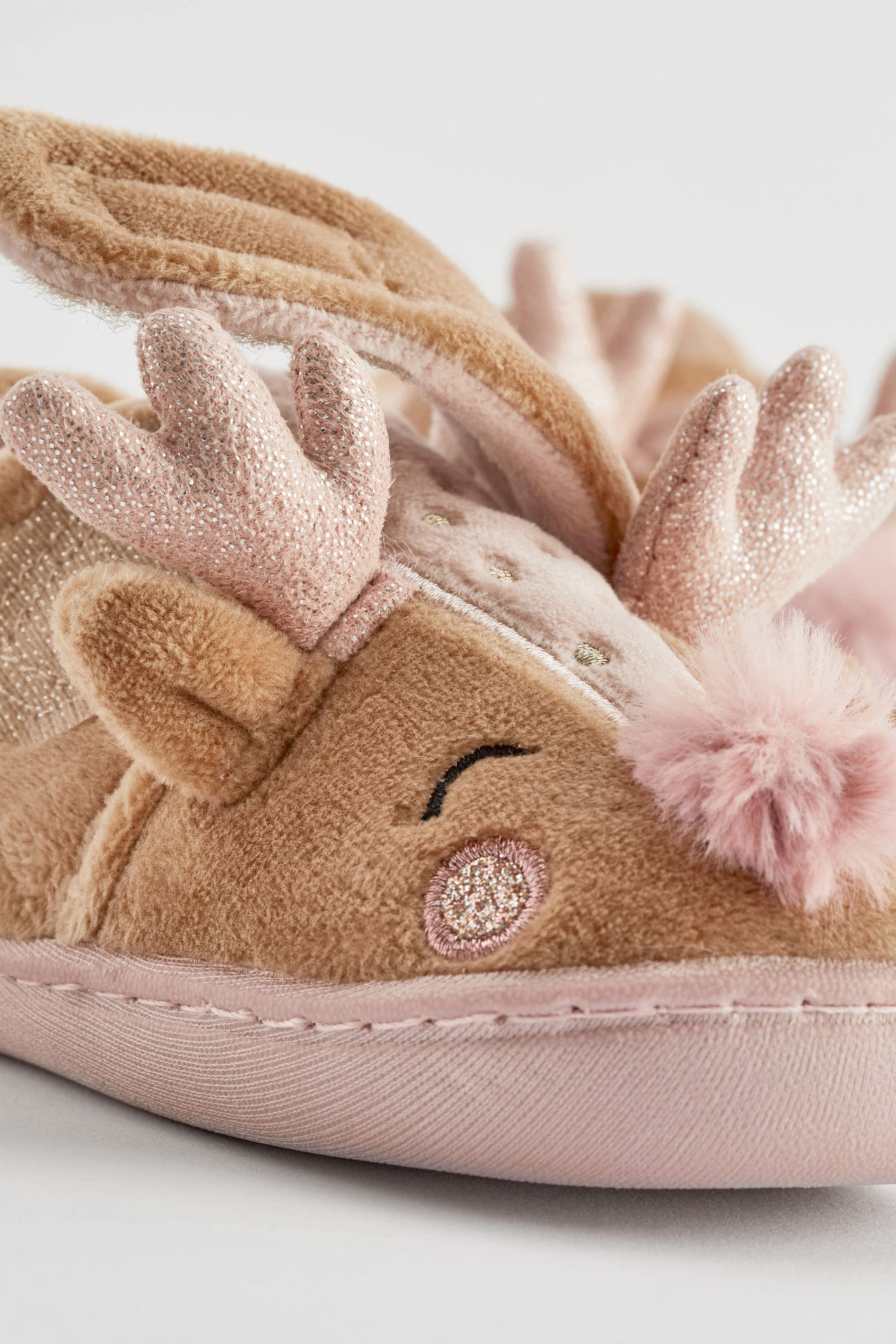 Tan Brown Christmas Reindeer Cupsole Slippers