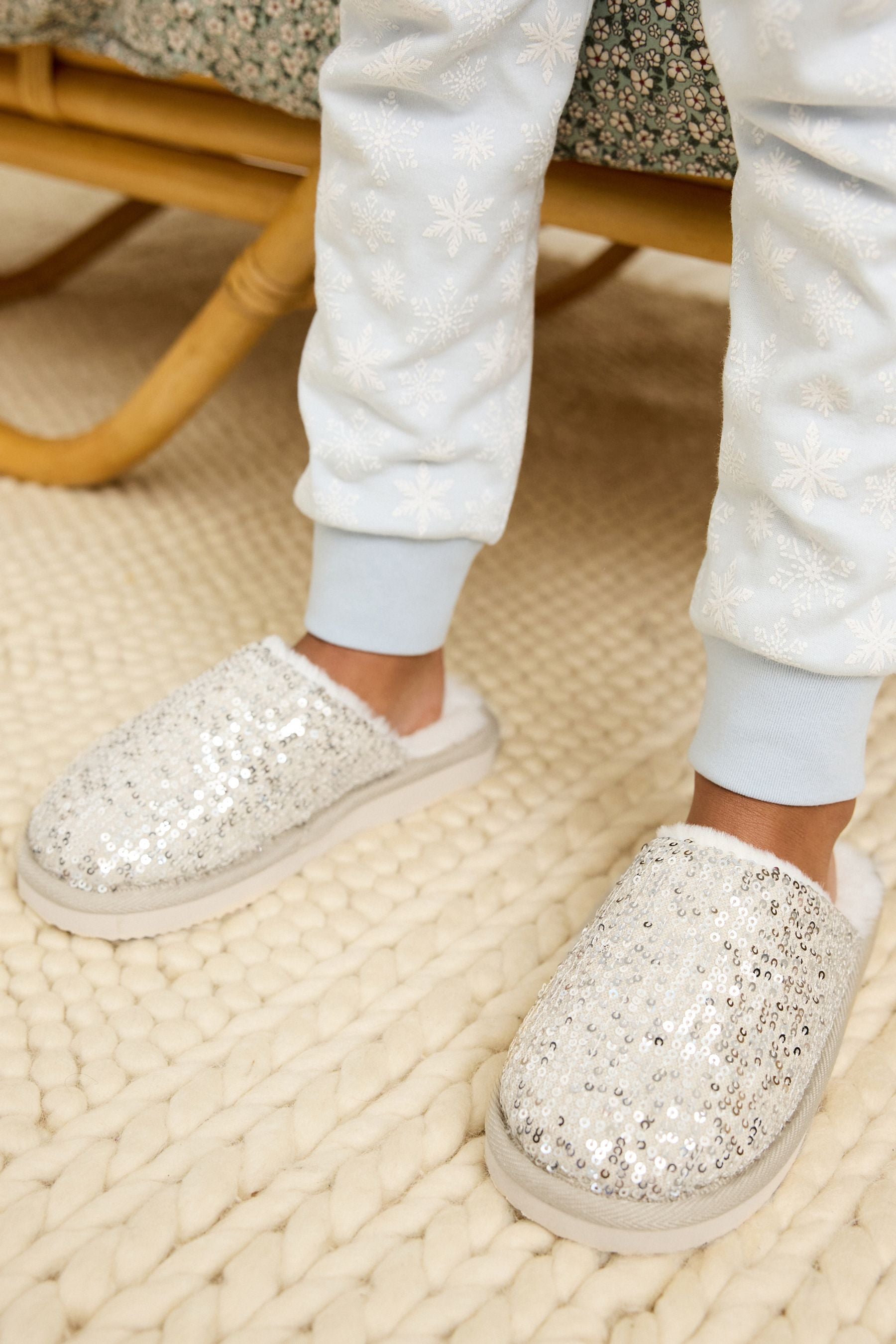 Silver Sequin Faux Fur Lined Mule Slippers