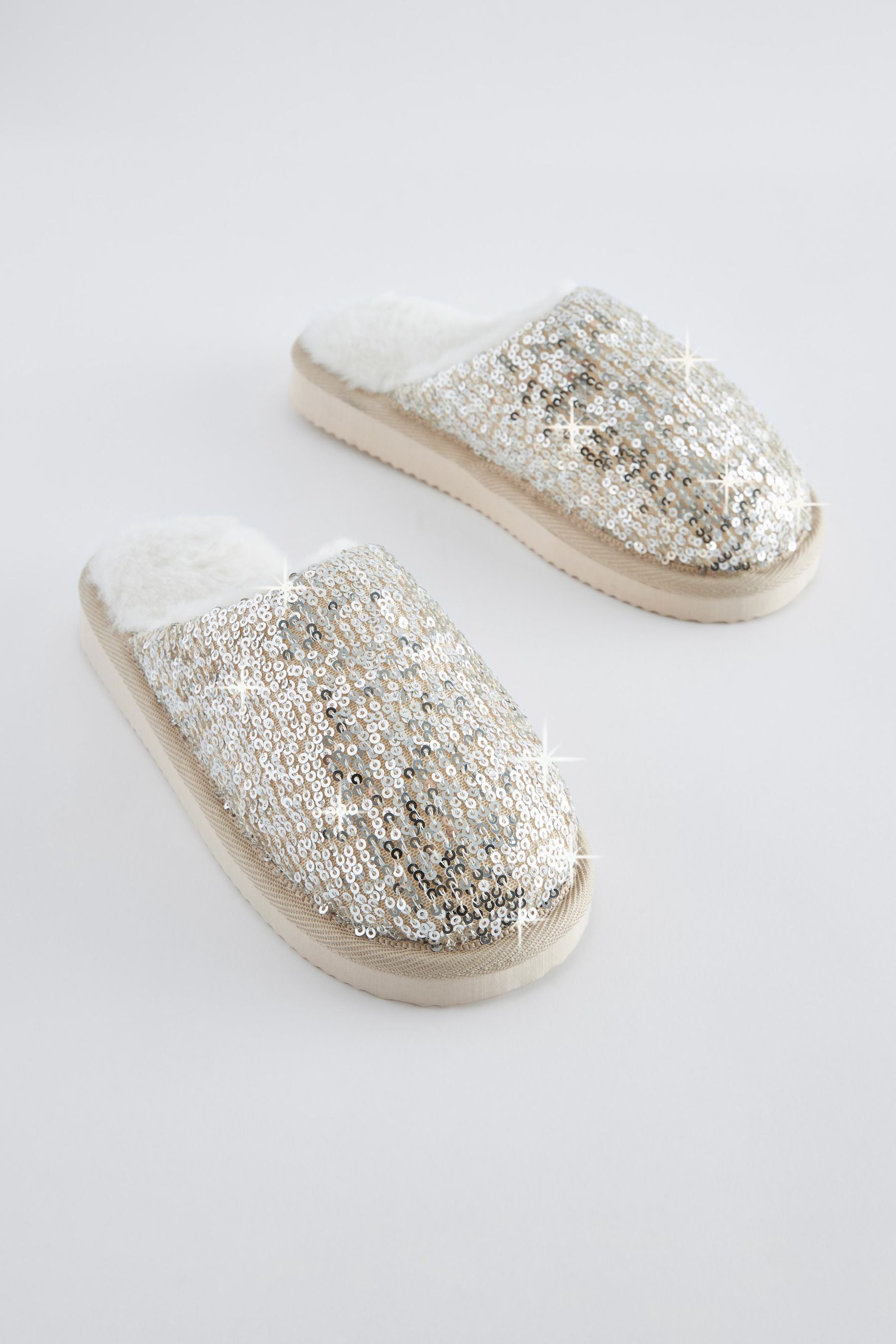 Silver Sequin Faux Fur Lined Mule Slippers