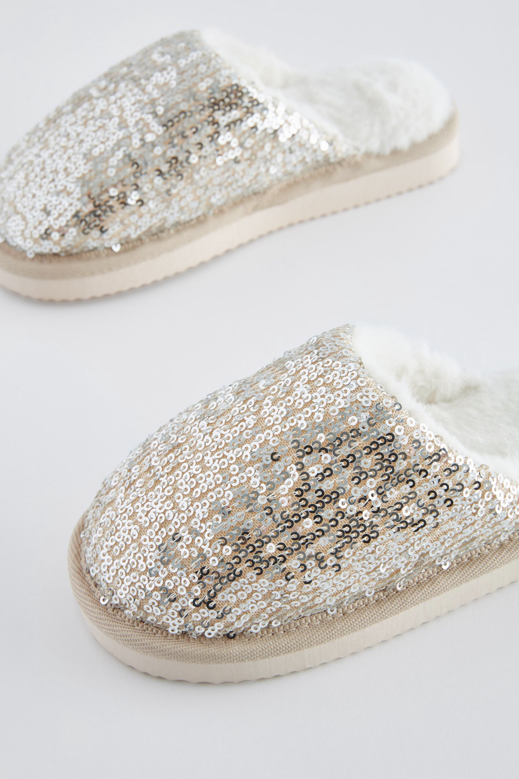 Silver Sequin Faux Fur Lined Mule Slippers